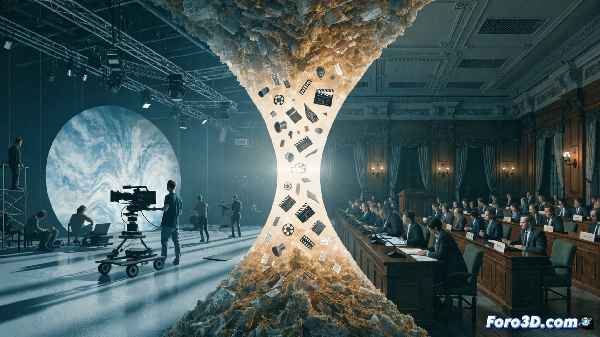 Empty film production office, producers standing around a dusty conference table covered in unopened scripts and blank notepads, a government official's silhouette behind frosted glass door ignoring the room, broken projector showing static on a blank screen, scattered film reels and disconnected cables on floor, cinematic photorealistic style, dramatic shadows from overhead fluorescent lights, abandoned coffee cups and cold monitors, dust particles floating in dim light, wide-angle lens capturing isolation and stagnation, hyperrealistic textures of worn leather chairs and peeling wallpaper