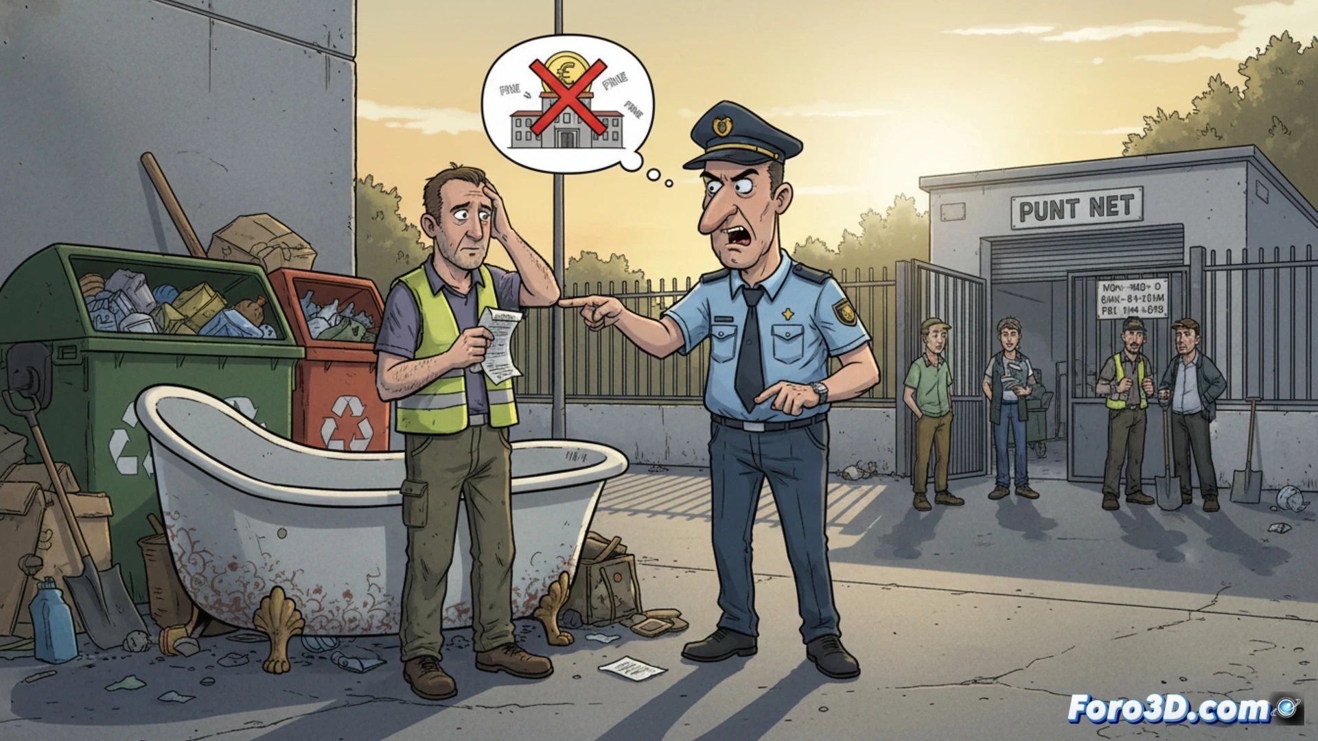residential street at night, overflowing municipal waste bins surrounded by discarded bathtub and furniture, a municipal worker in orange vest placing a warning notice on the bathtub while a surveillance camera on a pole is pointed at the scene, motion blur of a car driving away in background, technical illustration style, realistic textures on concrete and plastic, dramatic street lamp lighting casting long shadows, ultra-detailed trash and debris, photorealistic civic infrastructure visualization, showing the process of surveillance and enforcement