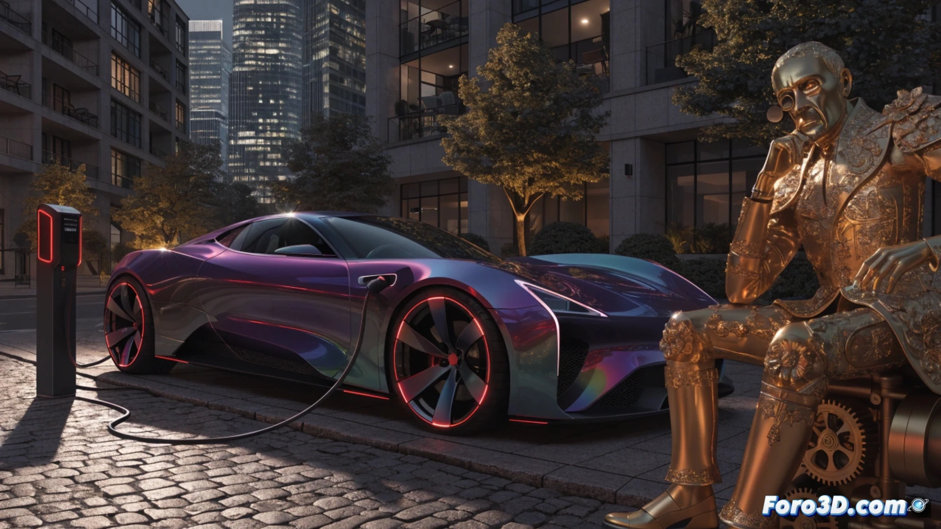 cinematic scene of a luxury electric sedan floating above a cracked asphalt road, a transparent holographic price tag of one hundred thousand euros hovering over the car, while a swarm of smaller electric vehicles stuck in a traffic jam below, glowing energy particles flowing from a broken charging station into the luxury car only, leaving the others in dim light, photorealistic technical illustration, dramatic contrast between polished chrome and worn-out tires, motion blur on the stalled vehicles, cold blue and harsh amber lighting, ultra-detailed suspension and battery pack visible through cutaway chassis, engineering visualization style