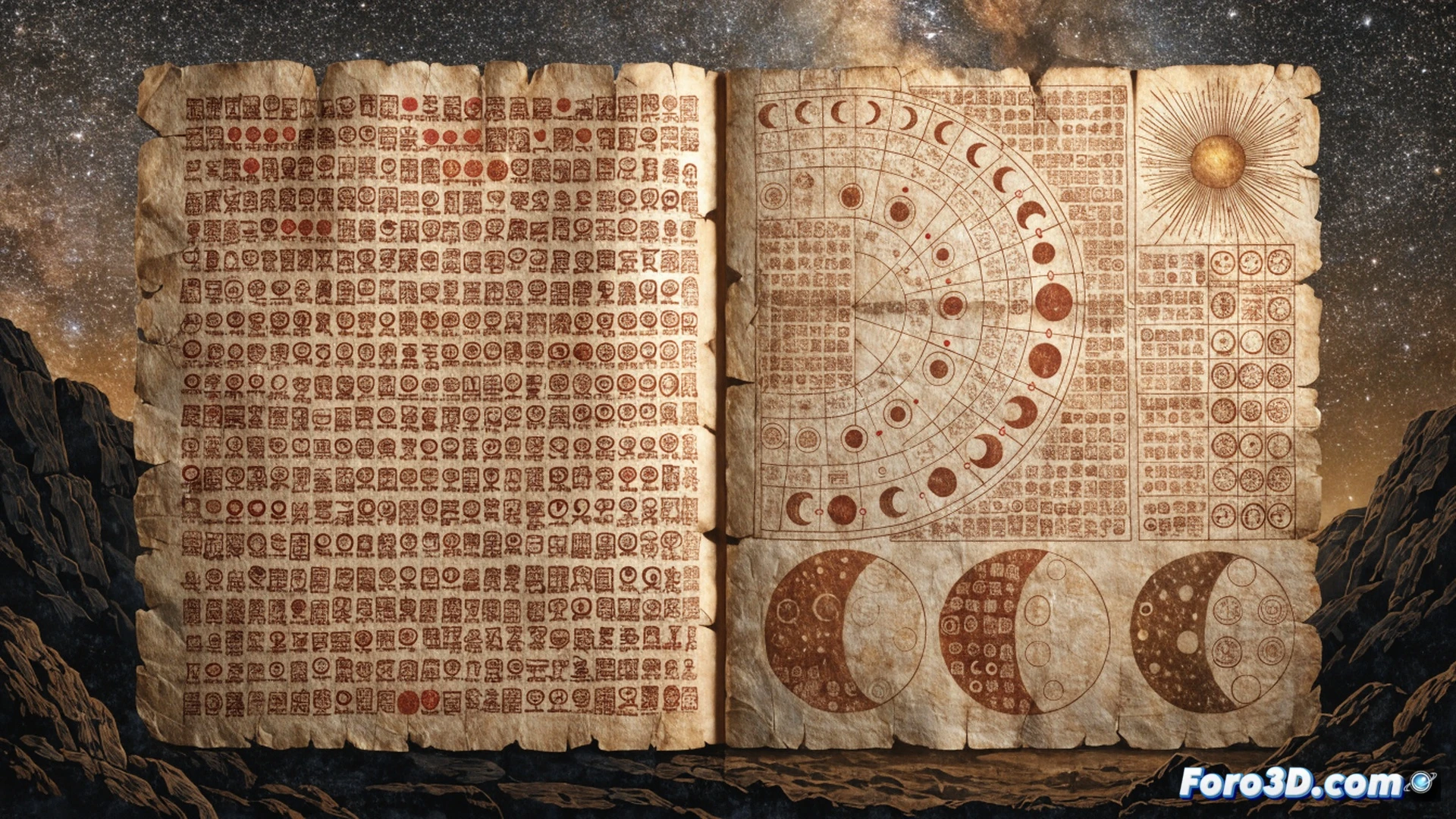 Ancient Mayan astronomer in ceremonial attire studying a bark paper codex under torchlight, one hand pointing at Venus cycle glyphs while the other adjusts a stone observatory slit, eclipse prediction tables visible on unfolded pages, carved jade and obsidian tools on a stone table, celestial alignment demonstration through a vertical shaft of moonlight entering a temple chamber, cinematic photorealistic style, dramatic chiaroscuro lighting, golden glyphs reflecting flickering flames, ultra-detailed weathered codex texture, stone walls with carved astronomical symbols, atmospheric haze from copal incense, technical illustration aesthetic