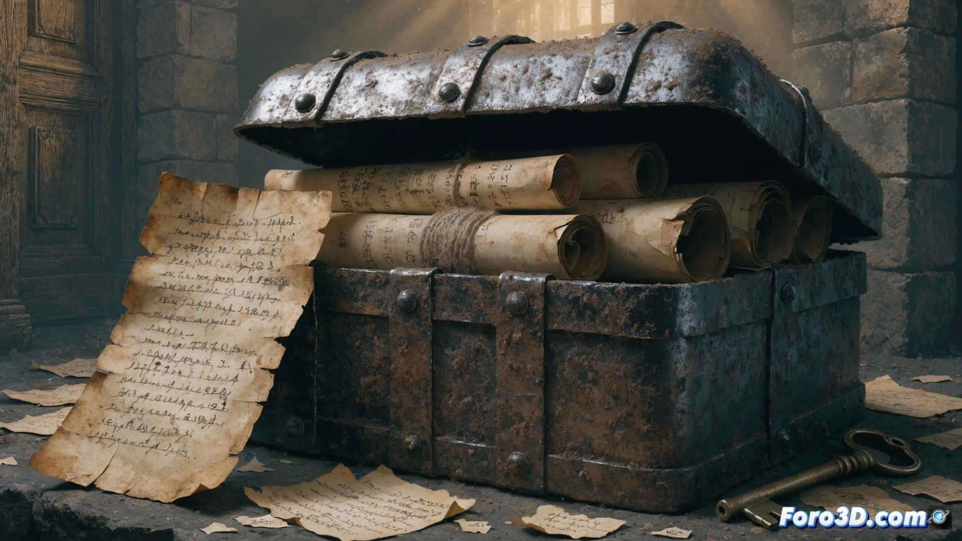 old iron lockbox rusting open on wooden table, three yellowed parchment cipher sheets stacked beside it, a magnifying glass resting over one sheet revealing fragmented symbols, antique brass compass and inkwell nearby, soft candlelight casting dramatic shadows, cracked leather journal partially visible, cinematic historical illustration style, photorealistic texture on aged paper fibers and metal oxidation, deep warm amber color palette, dust particles floating in light beam, mysterious treasure hunt atmosphere, ultra-detailed 19th century artifacts