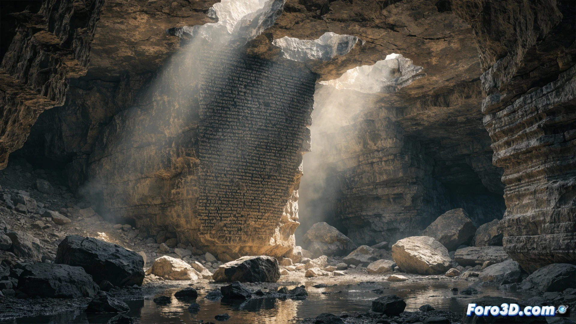 Ancient stone chamber of Son Bhandar cave, a robed archaeologist using a portable spectral analyzer scanning a weathered wall with cryptic carved symbols, red laser lines tracing the grooves while holographic data overlays float nearby, cracked stone floor with scattered tools and a rusted iron lockbox, cinematic photorealistic render, dramatic low-angle torchlight casting long shadows, dust particles suspended in air, ancient weathered rock texture, mysterious atmosphere, ultra-detailed stone carvings, professional documentary-style lighting