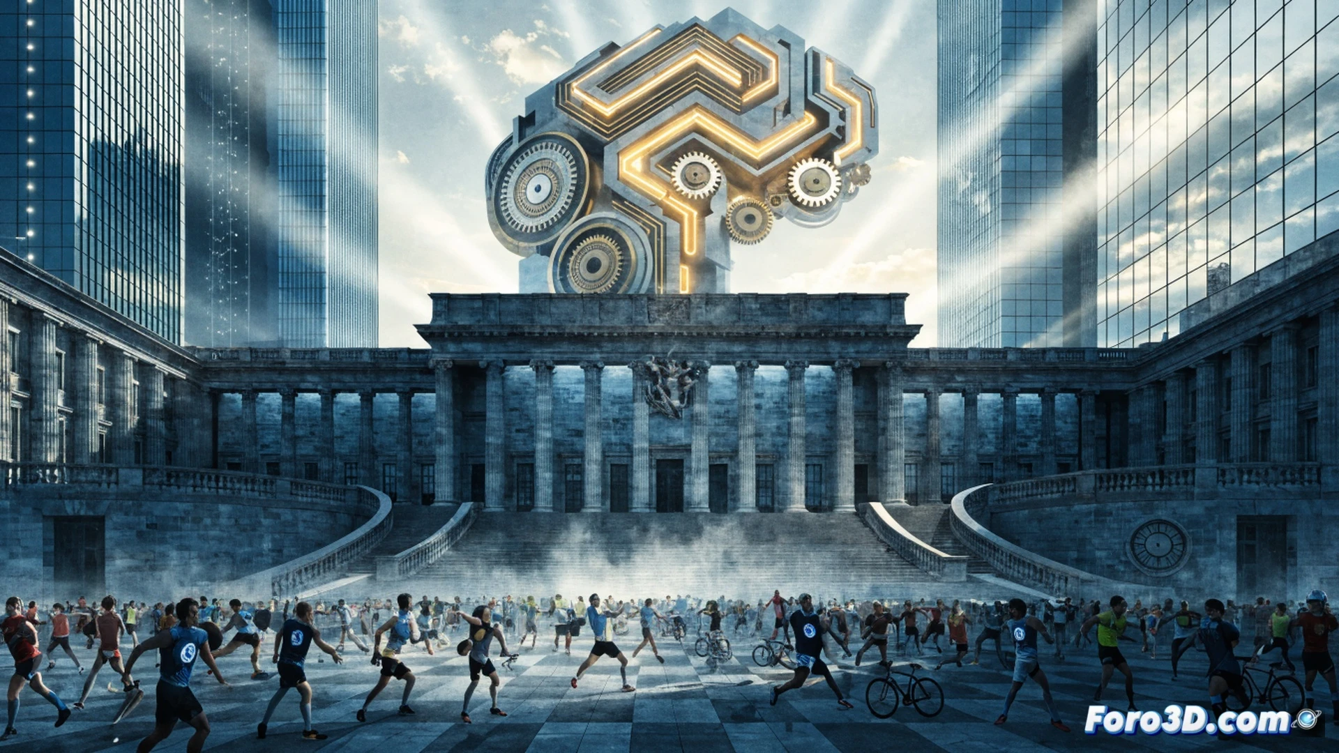 aerial view of Olympic stadium construction site, Madrid skyline in background, digital blueprints and architectural plans floating over a holographic table, committee members in business attire pointing at accelerated timeline charts, glowing 10,000 dollar bill symbol hovering near athlete silhouettes, streamlined bureaucratic process shown as fast-moving gears and arrows, cinematic engineering visualization, photorealistic lighting, metallic and glass textures, dynamic motion blur, ultra-detailed urban infrastructure