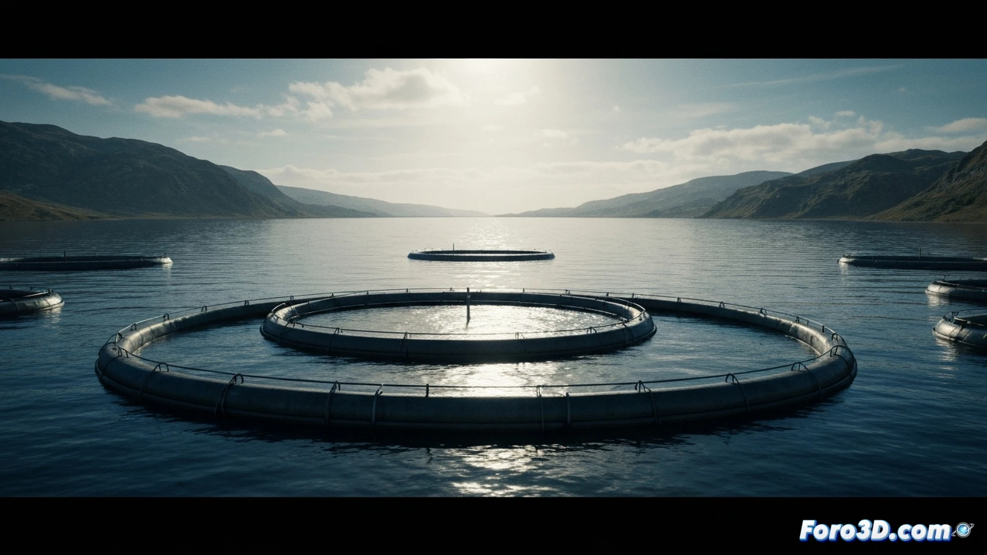 industrial fish farming collapse scene, thousands of dead salmon floating in a stagnant circular tank, broken recirculation pipes leaking murky water, aerator impellers jammed with algae and debris, automated feeding system dangling motionless with empty hoppers, bacterial bloom discoloring the water surface, cracked concrete walls with rusted metal grates, cinematic photorealistic engineering visualization, harsh overhead fluorescent lighting casting long shadows, water surface reflecting decay, high detail on mechanical failures, dramatic crisis atmosphere, ultra-realistic textures on corroded equipment