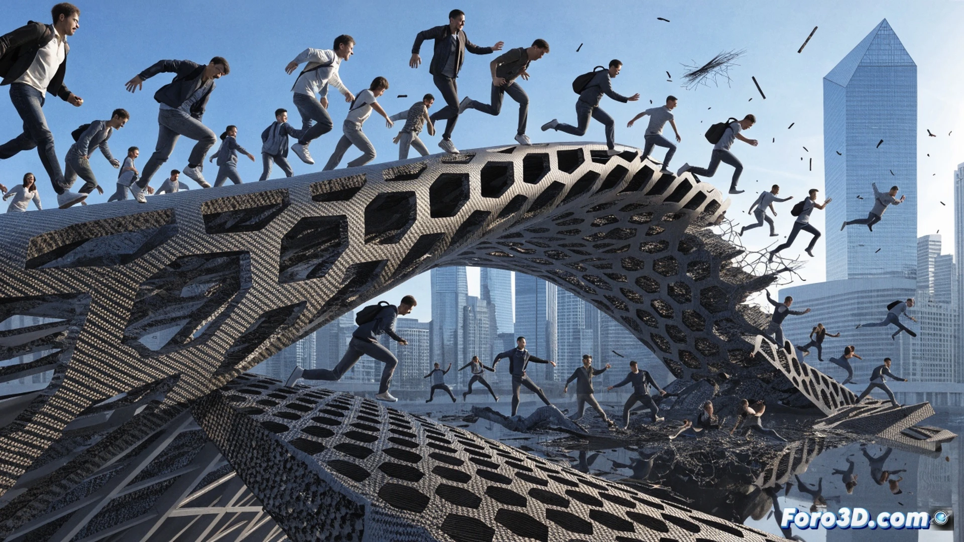 fiberglass footbridge mid-span fracture during synchronized pedestrian loading, carbon fiber layers delaminating and splintering under cyclic stress, FARO laser scanner tripod capturing crack propagation data, SAP2000 finite element model wireframe overlaying the bridge on a monitor, pedestrians walking in unison creating visible vibration waves along the deck, cinematic engineering visualization, dramatic side lighting revealing fatigue striations on broken composite surface, ultra-detailed structural failure mechanics, photorealistic technical render