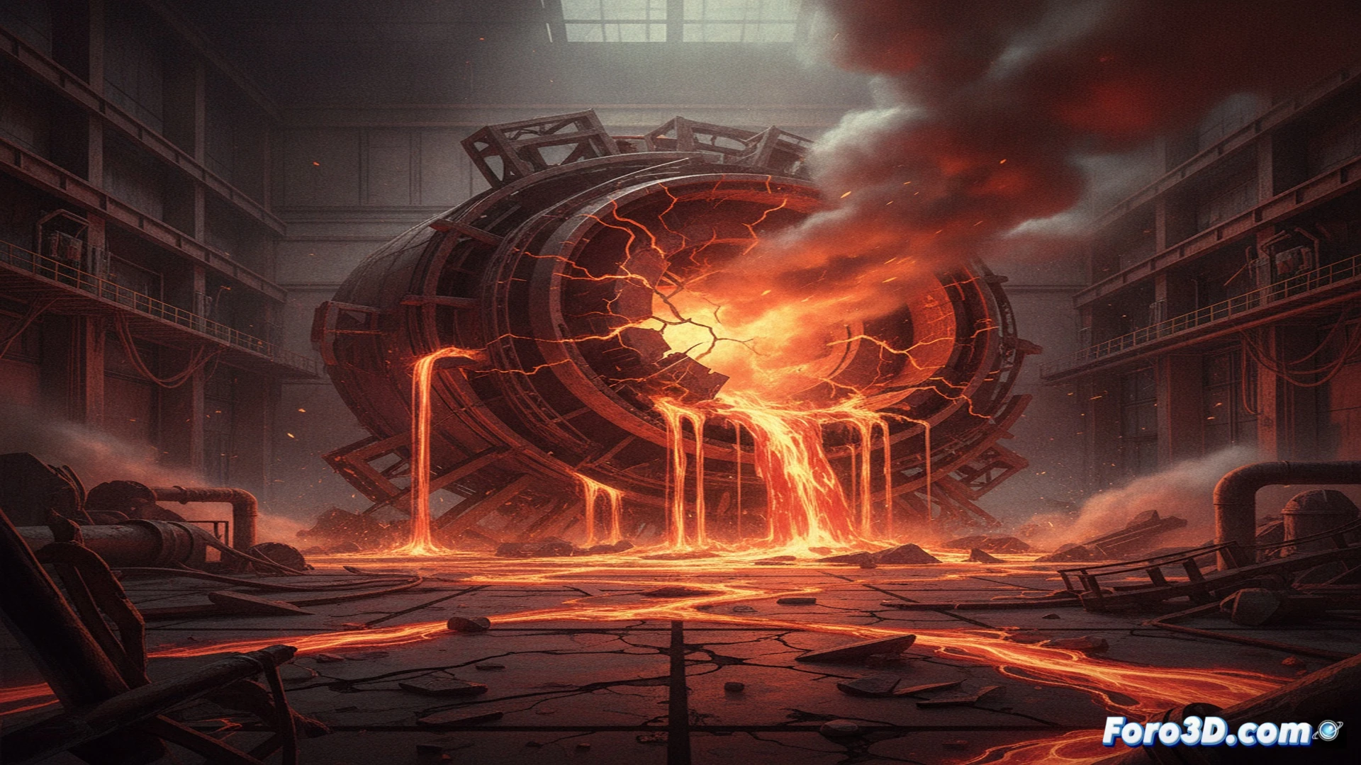 Industrial solar plant storage tank catastrophic failure, molten nitrate salt cascading through a massive crack in a cylindrical steel tank, white-hot liquid streaming downward while solidifying into jagged orange and brown salt formations, thermal stress fracture lines spreading across the tank wall, broken insulation panels falling, emergency containment barriers overflowing with spilled salt, steam rising from contact with cooler ground, distant parabolic mirrors reflecting sunlight, cinematic engineering visualization, dramatic high-contrast lighting, photorealistic industrial accident scene, ultra-detailed metal corrosion and thermal damage textures