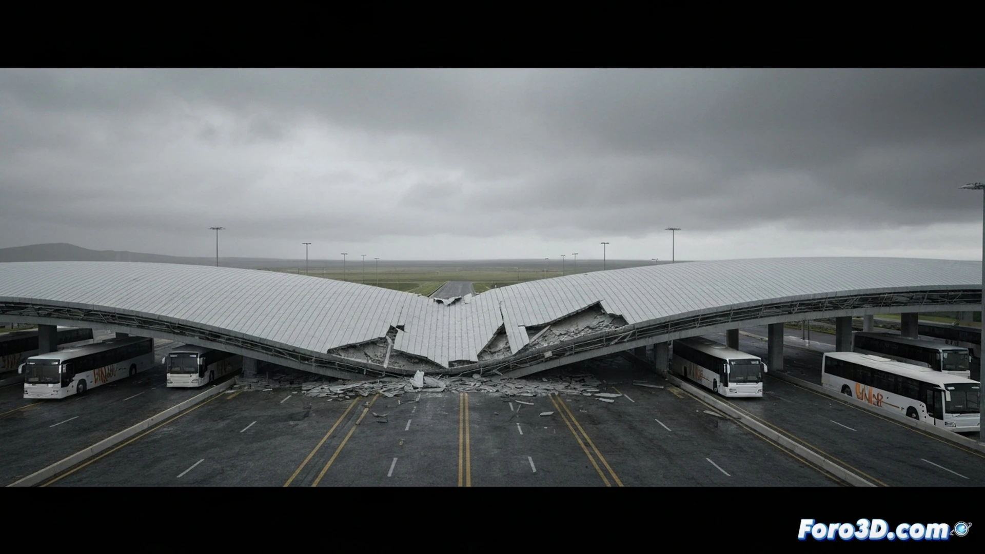 Photorealistic engineering visualization of a collapsed bus terminal tensile membrane roof, shredded fabric hanging from twisted steel cables, large puddle forming on terminal floor from failed drainage system, drone hovering mid-air with camera capturing structural damage, broken tension seams visible, scattered hailstones on ground, dramatic stormy sky with dark clouds, cinematic industrial lighting, ultra-detailed weathered materials, forensic analysis equipment visible on wet pavement, technical illustration style with realistic textures