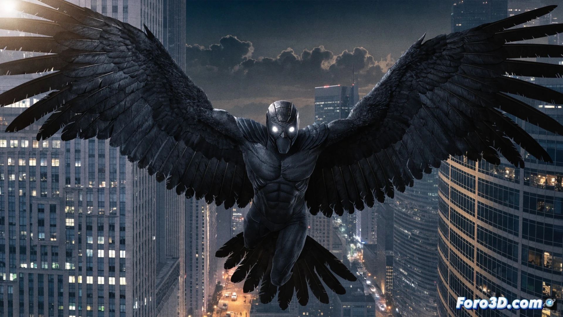 Comic book panel showing a 1940s superhero in a black bird-like costume with feathered wings spread wide, diving through a dark stormy sky above a city skyline, while his silhouette fades into translucent ghostly particles at the edges, a vintage printing press machine visible in the background with comic pages flying away, ink splatters and halftone dot patterns dissolving into empty white space, cinematic comic book style, dramatic chiaroscuro lighting, aged paper texture, retro pulp magazine aesthetic, motion blur on the wings, technical illustration of flight dynamics with wind trail lines