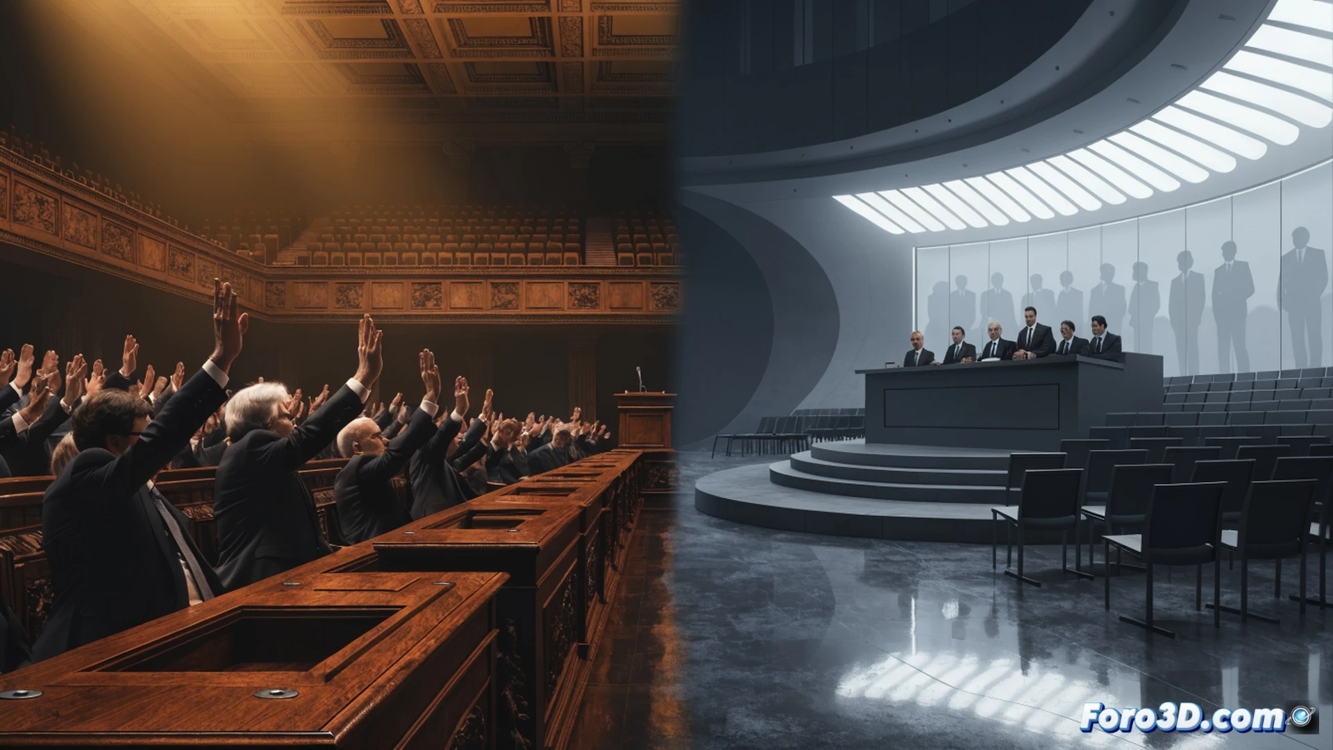 Spanish Congress chamber interior, government official handing a judicial robe to an international court judge while a CGPJ representative reaches for the same robe but is blocked by a parliamentary barrier, symbolic power struggle over judicial selection, photorealistic technical illustration, dramatic overhead lighting casting shadows on legislative benches, marble columns, leather chairs, polished wood desks, legal documents scattered, gavel on podium, tense hand gestures, focused facial expressions, cinematic composition, deep focus, high contrast, ultra-detailed textures, realistic courtroom atmosphere