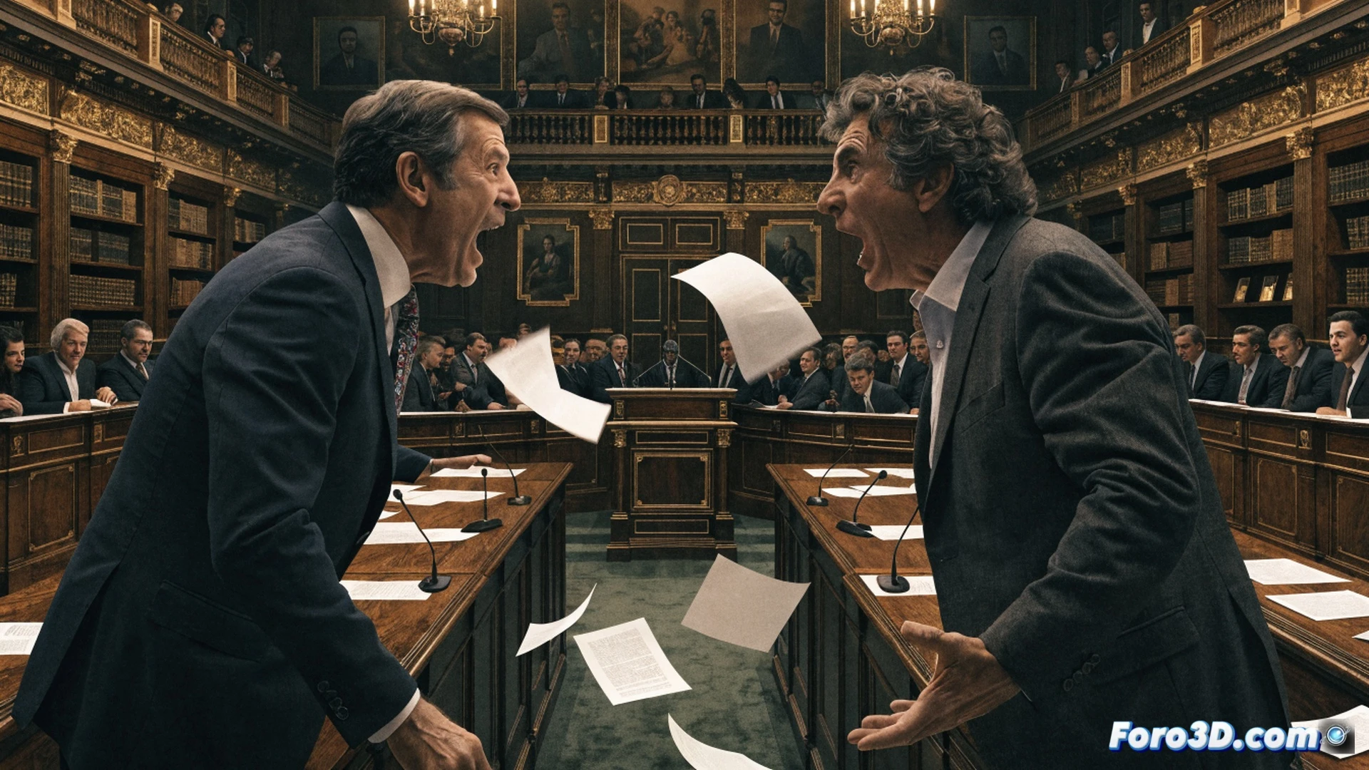 Tenso cruce parlamentario en el hemiciclo del Congreso, dos políticos enfrentados desde sus escaños, uno señalando con el dedo índice mientras el otro aprieta el puño sobre la mesa, micrófonos azules de sobremesa captando la discusión, fondo de escaños vacíos y banderas, ciudadanos borrosos en la tribuna observando, estilo cinematográfico realista, iluminación dramática con focos centrales, sombras marcadas en los rostros, atmósfera cargada de tensión, fotografía política hiperrealista, textura de madera y terciopelo rojo en el mobiliario