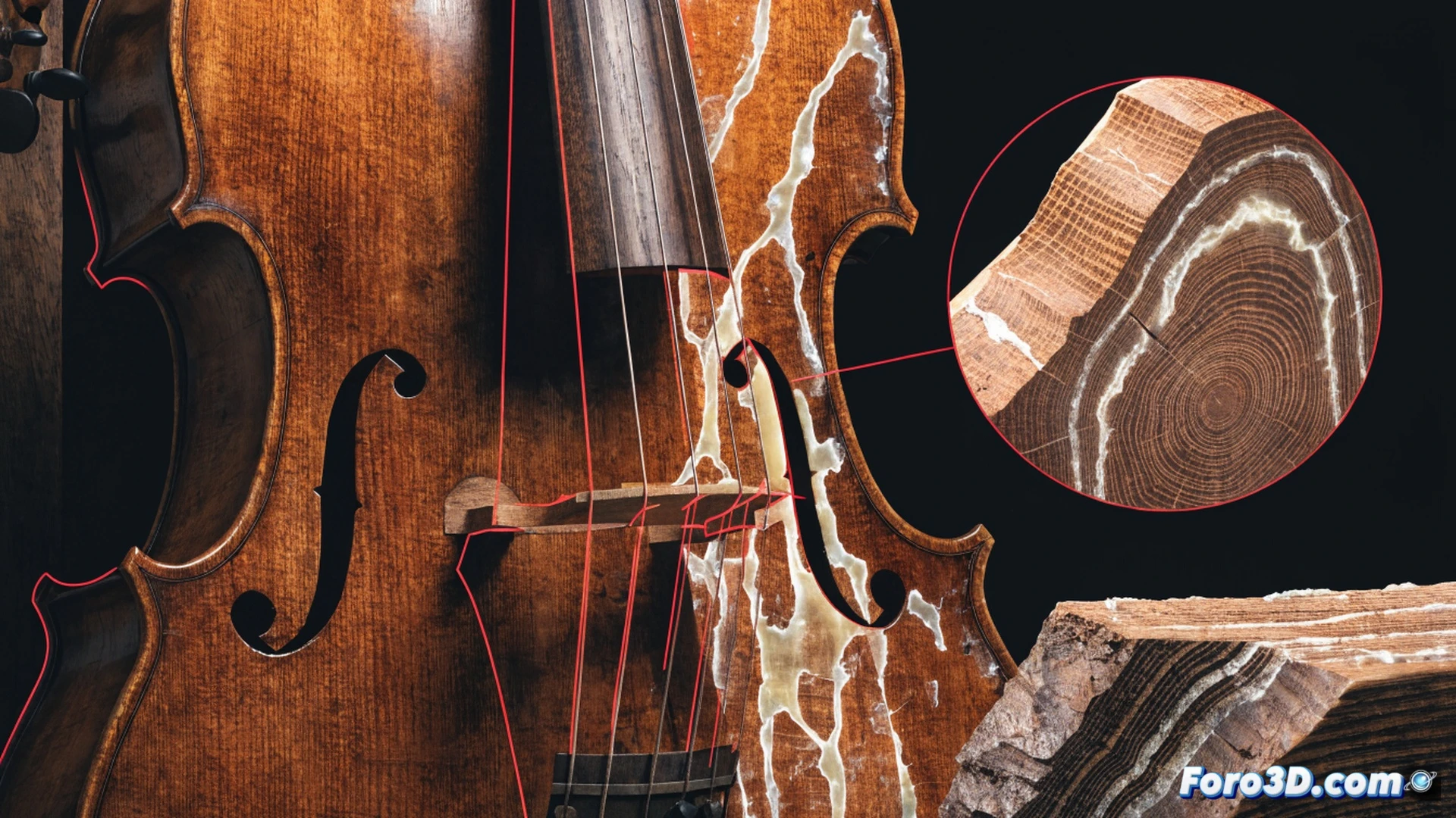 A contrabass resting on a lab table, glowing CT scan overlay revealing internal resin injections and density anomalies in the wood grain, a 3D scanner arm actively tracing the instrument while a forensic light exposes synthetic polymer veins, scattered digital calipers and spectral analysis tools nearby, cinematic photorealistic engineering visualization, dramatic side lighting emphasizing the contrast between natural aged wood and artificial glowing resin pockets, ultra-detailed surface texture, technical illustration style with transparent digital mesh overlay