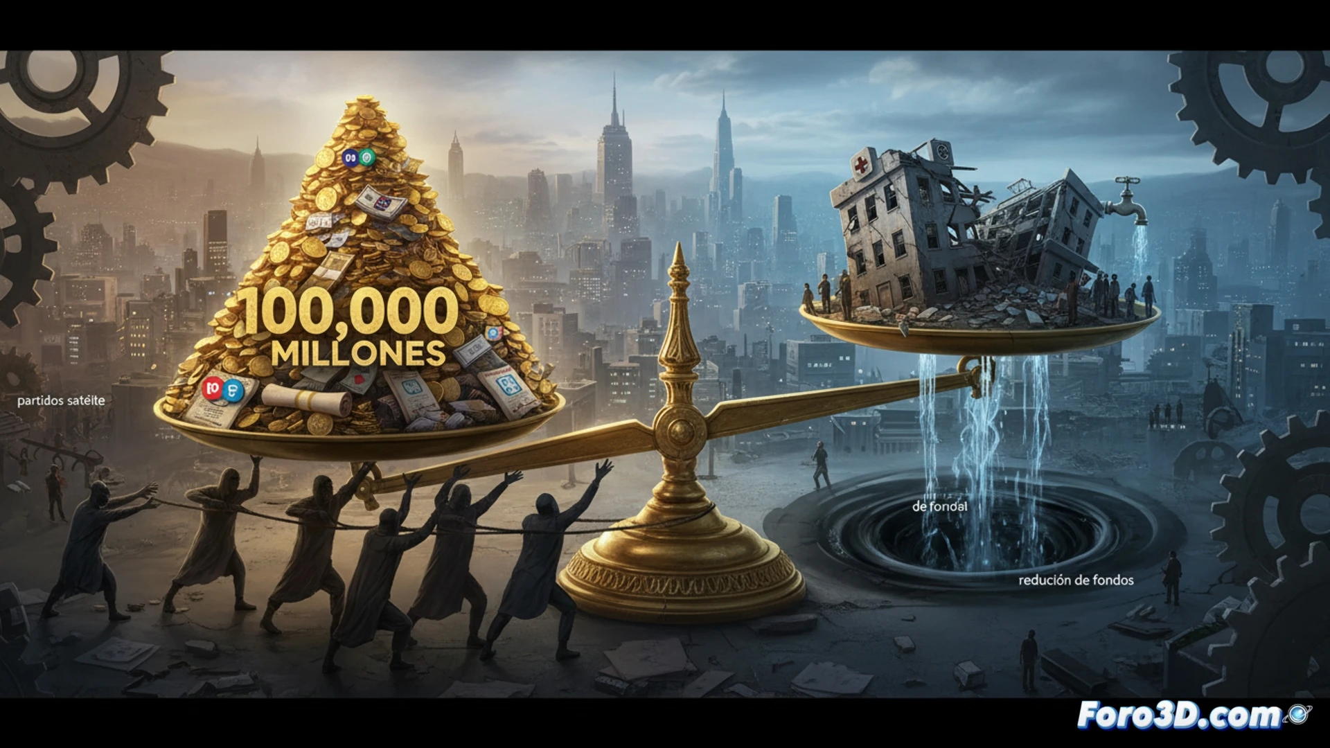 Una balanza gigante con monedas de 100.000 millones inclinada hacia un lado, mientras del otro caen servicios públicos como hospitales y escuelas.