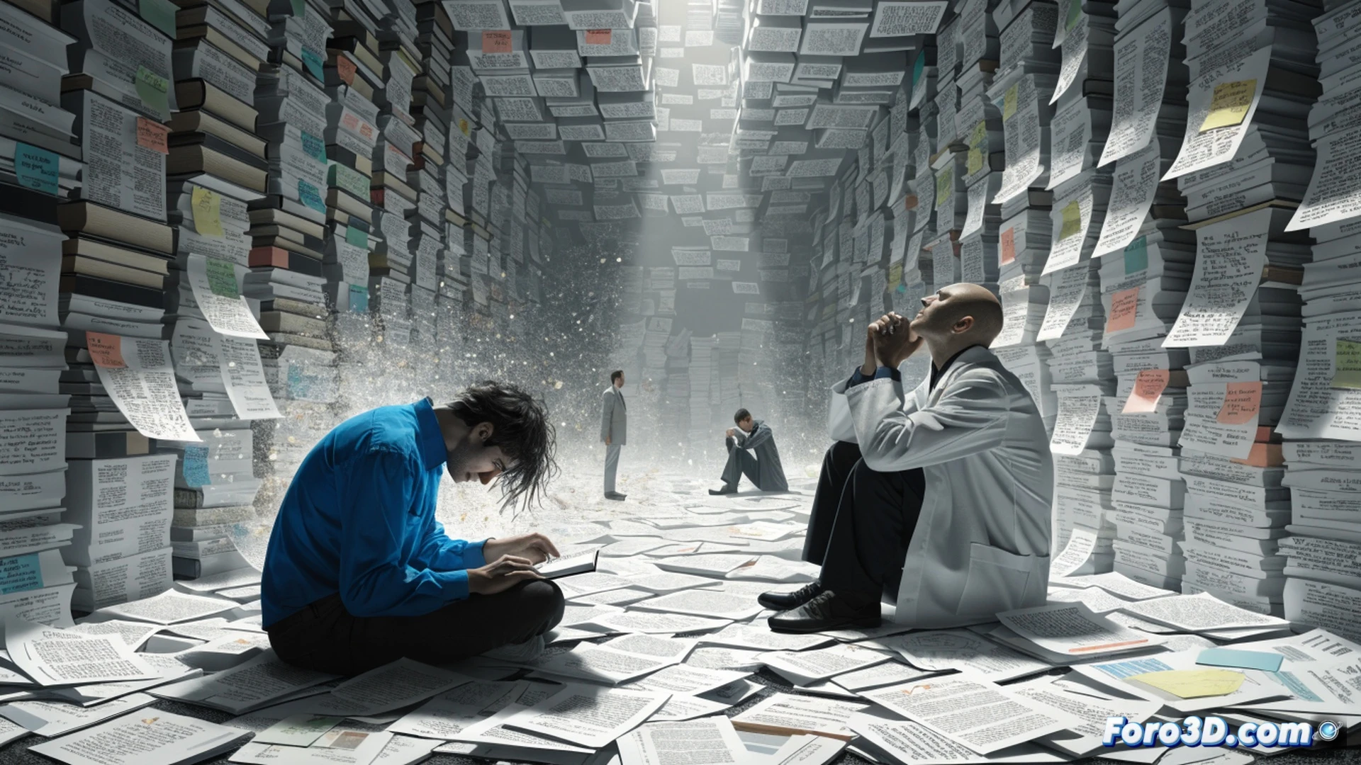 bureaucratic paper flood drowning a brilliant engineer, hands clutching a glowing circuit board while stacks of forms cascade around them, floating documents with complex diagrams and signatures, frustrated expression, modern office interior, cold fluorescent lighting, scattered technical drawings and coffee spills on desk, cinematic photorealistic style, dramatic shadows, paper edges catching light, tension between innovation and red tape, hyperdetailed textures, wide-angle lens effect