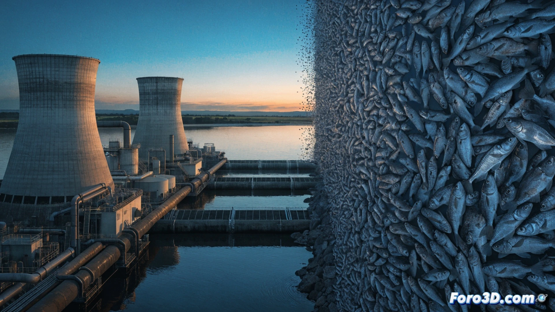 Una central nuclear francesa al atardecer, con enormes tuberías de refrigeración succionando agua del mar, mientras miles de peces plateados, crustáceos y medusas translúcidas son arrastrados hacia rejillas metálicas y turbinas giratorias, algunos chocando contra filtros industriales, mostrando el proceso de filtración letal, agua turbulenta con burbujas y restos biológicos, estilo cinematic photorealistic, iluminación fría industrial, detalle hiperrealista de los mecanismos de succión, ingeniería pesada, escala masiva, impacto ecológico visible en la acción.