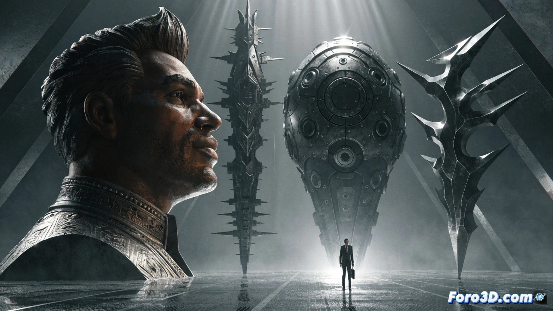 cinematic scene of three game controllers floating in darkness, one glowing bright green with Ori character silhouette, two others cracked and dim labeled with gears and military insignia, a black Xbox Series X console tilted on its side emitting faint smoke, game discs scattered on a glass surface below, studio monitor displaying rejected game pitch documents, dramatic overhead spotlight casting long shadows, photorealistic technical illustration, moody atmospheric lighting, metallic console reflections, ultra-detailed plastic textures