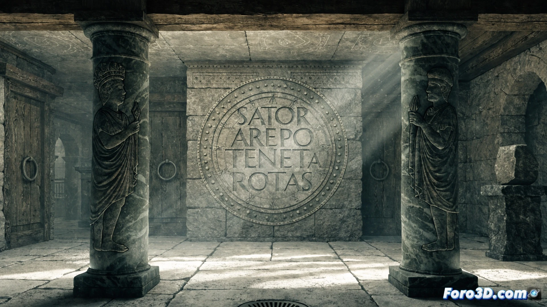 ancient Roman stone wall with carved Sator square pattern, weathered limestone blocks showing faint chisel marks, a robed figure tracing the palindrome with a finger while holding an oil lamp, medieval crypt atmosphere with stone arches and cobwebs, another scholar examining the same pattern on a parchment scroll nearby, dramatic chiaroscuro lighting from a single candle casting long shadows, dust motes floating in the beam, photorealistic archaeological reconstruction style, ultra-detailed stone texture with lichen and erosion marks, cinematic composition with deep focus, historical accuracy in Roman tool marks and period clothing, technical illustration of epigraphic evidence