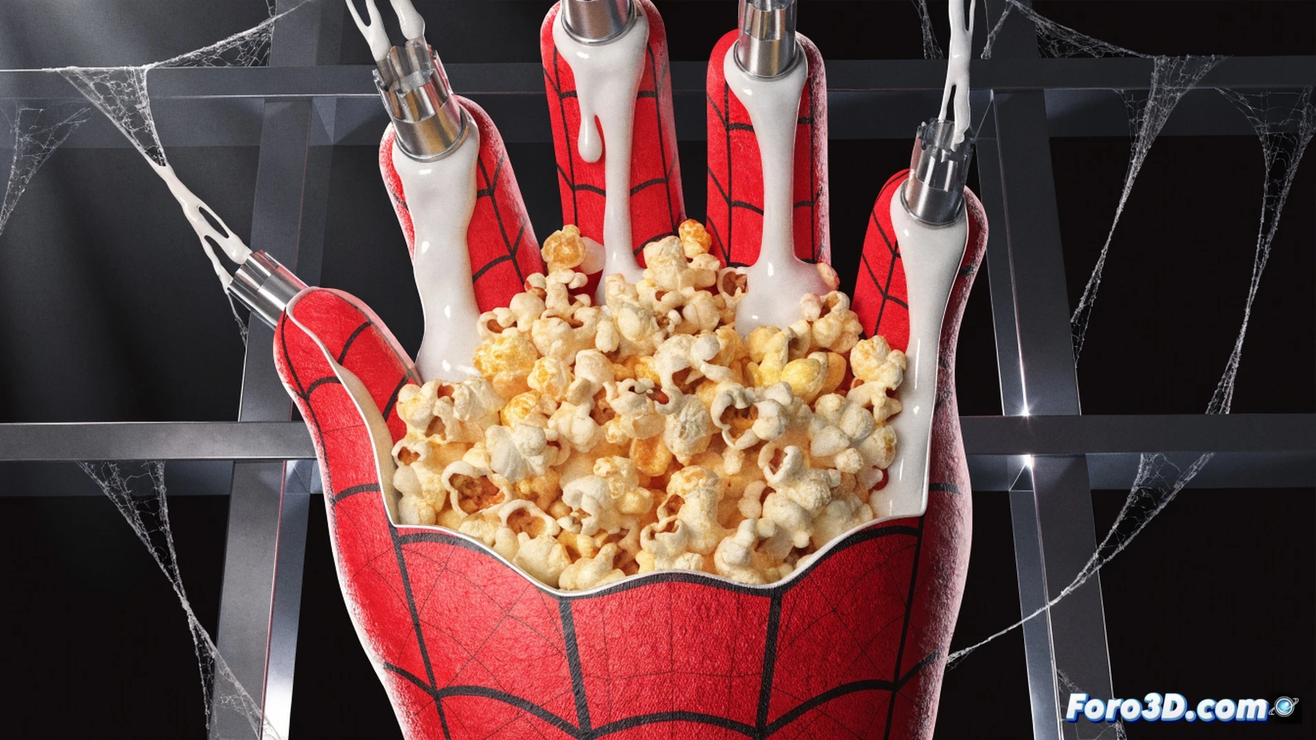 Cinematic product display of Spider-Man popcorn bucket shaped like a hand shooting webbing, translucent white liquid dripping from the web shooter nozzle onto a cinema seat armrest, bucket held by a moviegoer during a film screening, surrounding audience members turning heads with awkward expressions, soft theater lighting from projector beam, glossy plastic surface reflecting red and blue highlights, photorealistic technical illustration, detailed finger joints and web texture, condensation beads on the bucket exterior, dramatic shadows from dimmed auditorium lights, ultra-realistic material rendering
