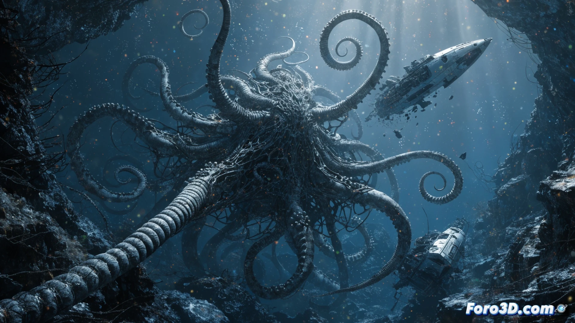 Cinematic deep-sea trench scene, alien Kraken tentacles emerging from abyssal hydrothermal vents, massive metallic organic appendages crushing a deep-sea submersible, ROV camera capturing the attack, sonar pings visualized as glowing rings, pressure waves distorting water around tentacles, bioluminescent alien flesh with circuit-like patterns, human submarine emergency lights flickering, sediment clouds rising from the ocean floor, photorealistic underwater lighting, extreme depth darkness fading to pitch black above, technical illustration style, dramatic action moment during the invasion