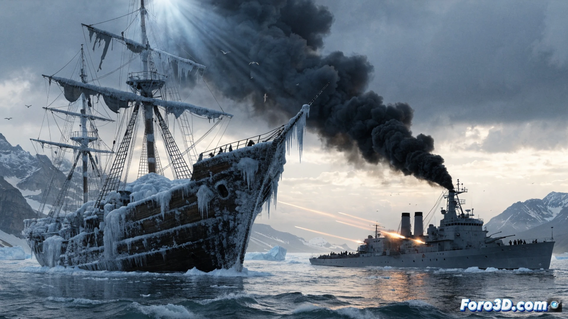 Cold Pacific waters churning around a ghostly half-submerged Japanese cargo ship hull, a US Navy Fletcher-class destroyer firing deck guns at the wreck, smoke and steam rising from the rusted metal, sonar screen inside the bridge showing a false submarine contact, glowing radar waves sweeping across the screen, depth charge racks on the stern ready for launch, arqueólogos later using ROV underwater drones with robotic arms scanning the debris field, corroded hull plates with visible 1943 shell impacts, kelp and barnacles covering the shipwreck, dramatic cinematic lighting with low storm clouds over the Aleutian Islands, photorealistic technical visualization, high contrast between dark ocean surface and bright shell explosions, motion blur on falling shells, ultra-detailed metal textures, historical naval warfare atmosphere