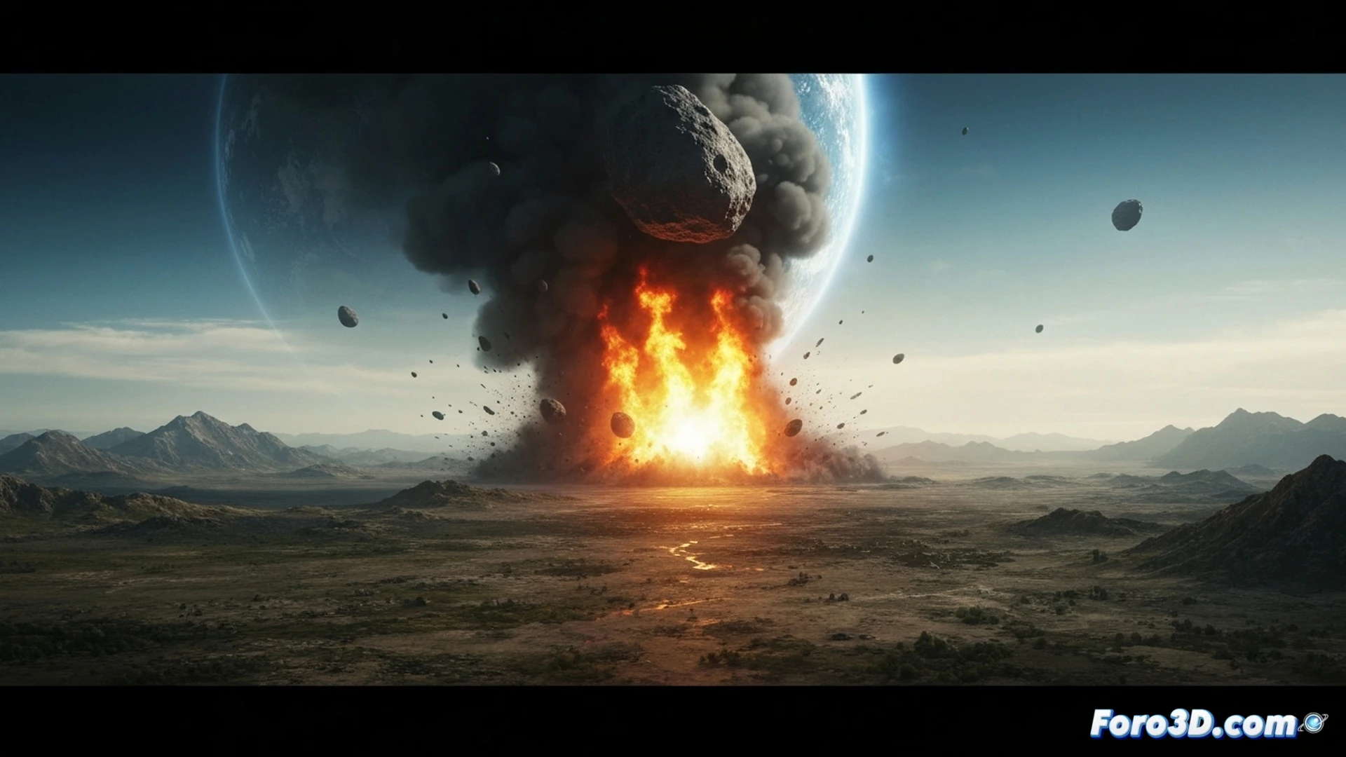 A massive asteroid impact moment, kilometer-scale rock fragment piercing Earth's atmosphere, colossal crater forming in continental crust with molten rock ejecta, concentric shockwaves fracturing terrain outward, collapsing skyscrapers in distant city skyline, simultaneous continent-wide wildfires spreading across forests, seismic rupture lines splitting ground, ultra-detailed crustal cross-section showing mantle displacement, glowing energy pulse radiating from impact point, photorealistic cinematic visualization, dramatic atmospheric fireball, debris cloud rising into stratosphere, technical geological illustration style, catastrophic planetary event