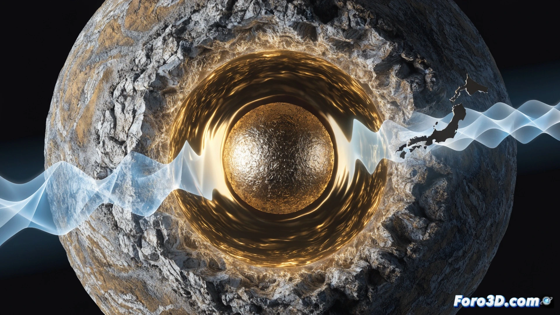 Terremoto de Tohoku epicentro bajo el océano, ondas sísmicas concéntricas propagándose hacia el centro de la Tierra, una onda reflejada en el núcleo externo curvando su trayectoria hacia la superficie, desplazando el archipiélago japonés representado como un bloque tectónico sólido que se mueve 5 milímetros hacia el este, estaciones de monitoreo GPS y sismógrafos registrando el desplazamiento en pantallas digitales, líneas vectoriales rojas mostrando la dirección del movimiento, fondo oscuro con corteza terrestre seccionada, estilo cinematic technical illustration, iluminación dramática azul y naranja, texturas geológicas detalladas, representación fotorealista de instrumentos científicos.