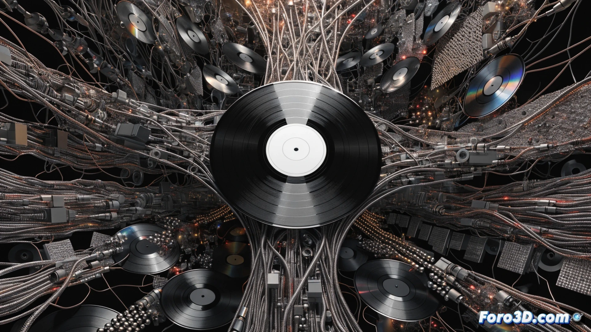 a person floating in an endless ocean of floating vinyl records and CD cases, hands reaching for a single glowing album while others sink into dark water, headphones tangled around the neck, a streaming music app interface reflected in the water surface showing infinite scrolling track list, storm clouds gathering overhead, cinematic photorealistic digital illustration, dramatic contrast between bright and dark areas, motion blur on sinking discs, realistic water reflections, ultra-detailed album cover textures, moody cinematic lighting