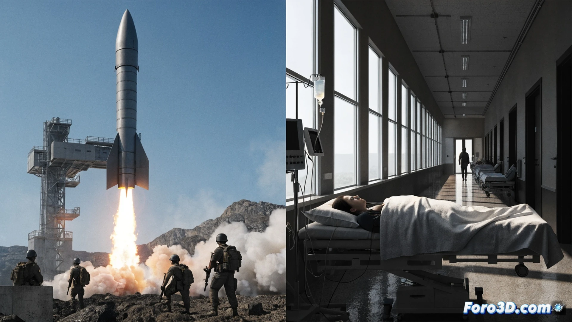 Cinematic photorealistic scene of a European government building interior, a politician in a suit pushing a giant red missile launcher on wheels across a polished floor, while behind them a queue of civilians in ragged clothes waits at a closed hospital counter with a broken computer monitor, medical charts scattered, empty prescription bottles on the floor, the missile casting a long shadow over the waiting area, dramatic chiaroscuro lighting, cold blue and sickly yellow tones, ultra-detailed textures of metal, glass, and worn fabric, wide-angle lens emphasizing spatial contradiction, technical visualization of political priority