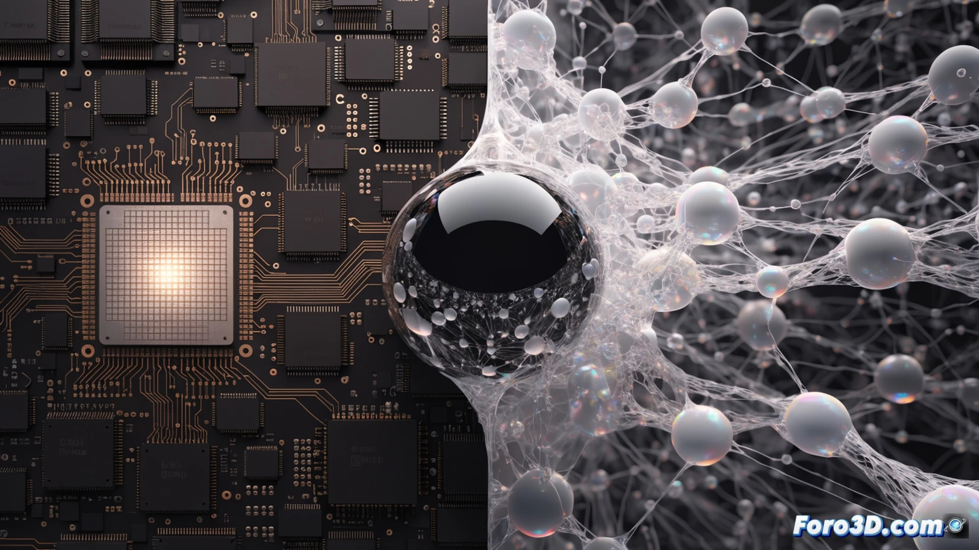 Apple M1 chip glowing inside a transparent MacBook casing, digital AI brain icon hovering above the motherboard, circuit traces pulsing with red and blue energy, while a robotic hand reaches to replace the chip with an M5 module, cracked old chip being removed, floating neural network nodes connecting to the motherboard, photorealistic engineering visualization, dramatic side lighting, metallic heat sink fins visible, microscopic solder balls on chip edges, ultra-detailed silicon wafer texture, cinematic depth of field, cool blue ambient light contrasting warm orange sparks from the extraction process