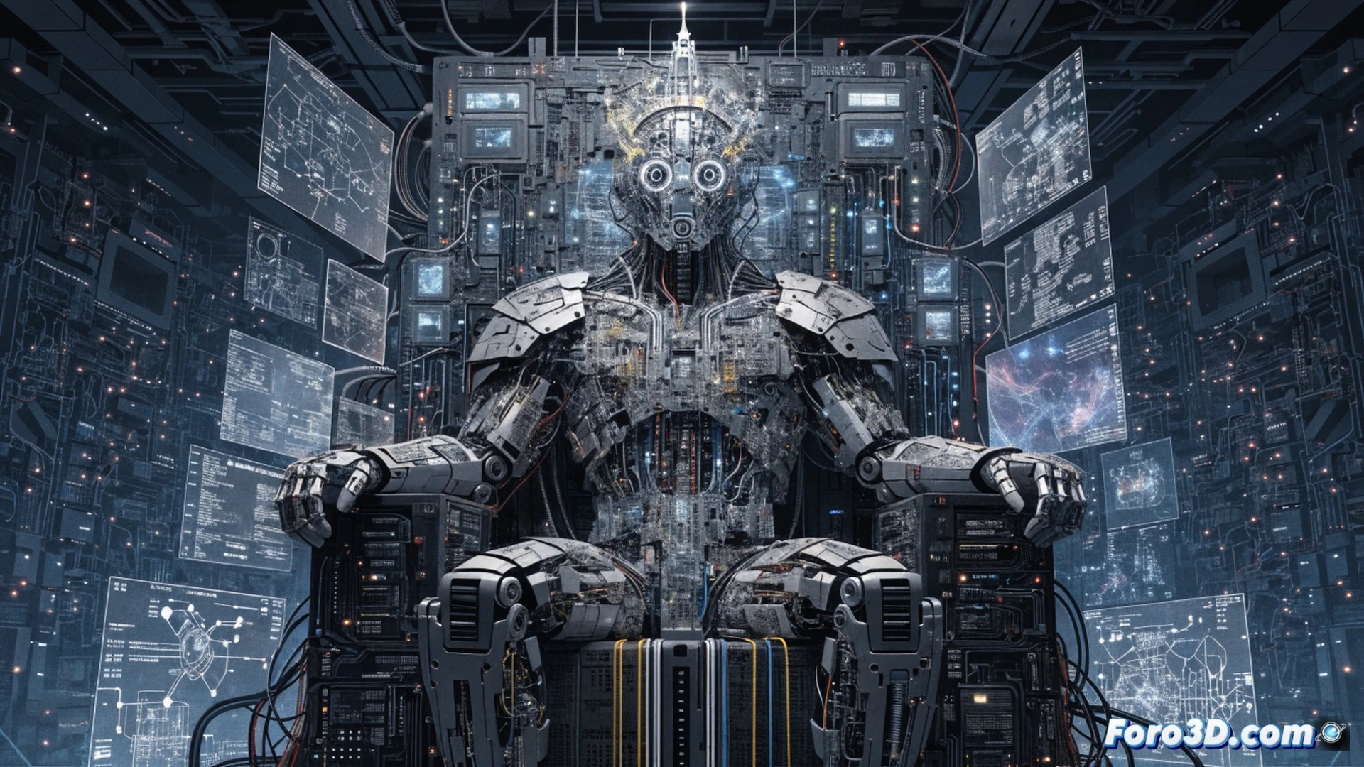 black box server room altar, robotic hands correcting human figures as if debugging code, glowing circuit board halo above, algorithms projected as holographic chains binding a crowd, 1990s CRT monitors displaying error logs, metallic skull with red LED eyes overseeing, cinematic engineering visualization, dark industrial lighting, smoke and laser beams, photorealistic technical render, ultra-detailed hardware components, dramatic contrast
