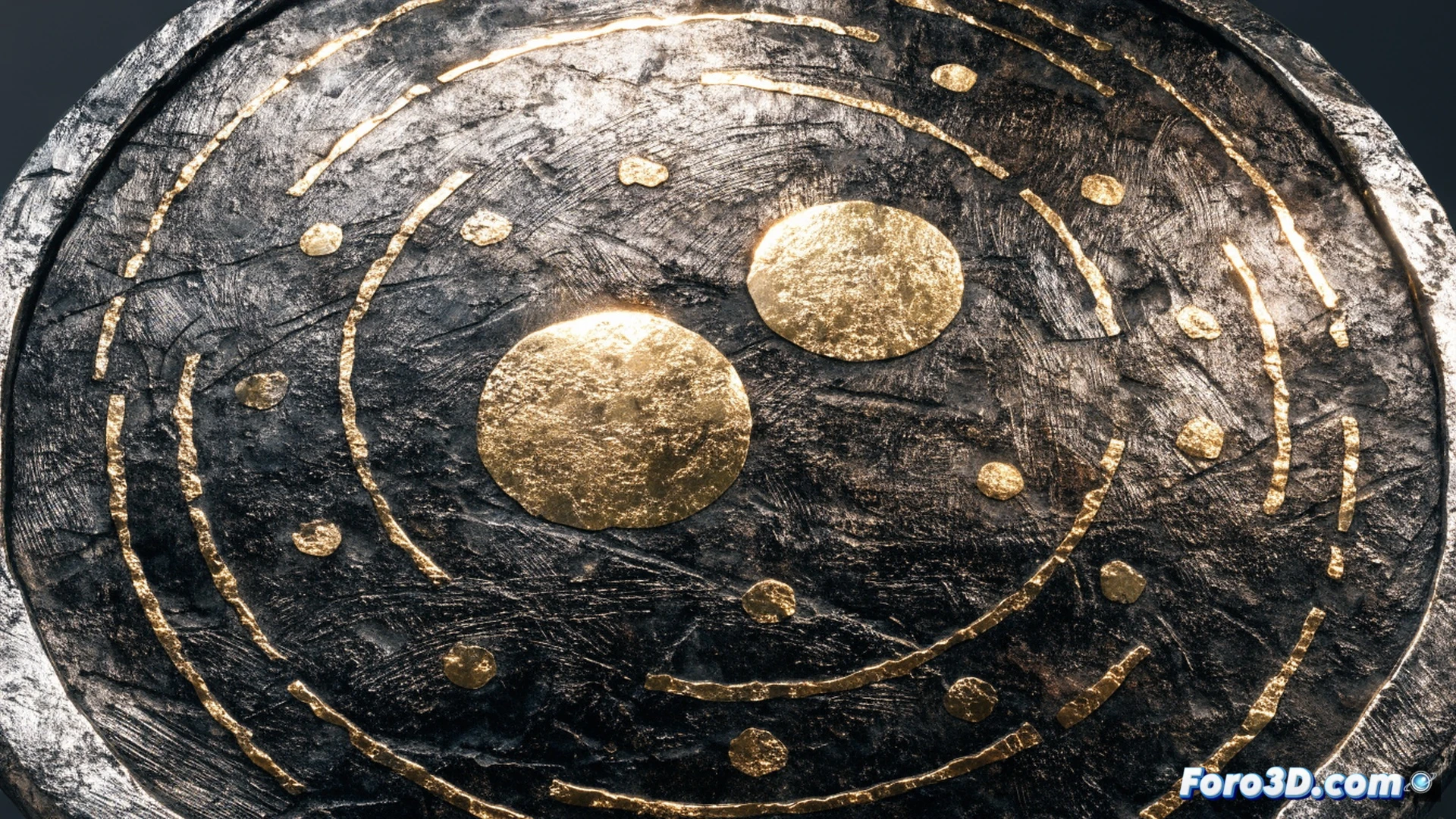 Bronze disc with gold celestial symbols held by gloved hands under archaeological studio lighting, a magnifying glass hovering over the gold sun and moon inlays, measuring tools and calibration grid visible on a lab table, while a digital tablet displays 3D spectral analysis of the artefact beside a microscope, photorealistic technical illustration, dramatic side lighting emphasizing metallic textures and gold reflections, ultra-detailed surface patina, museum conservation environment, cinematic engineering visualization
