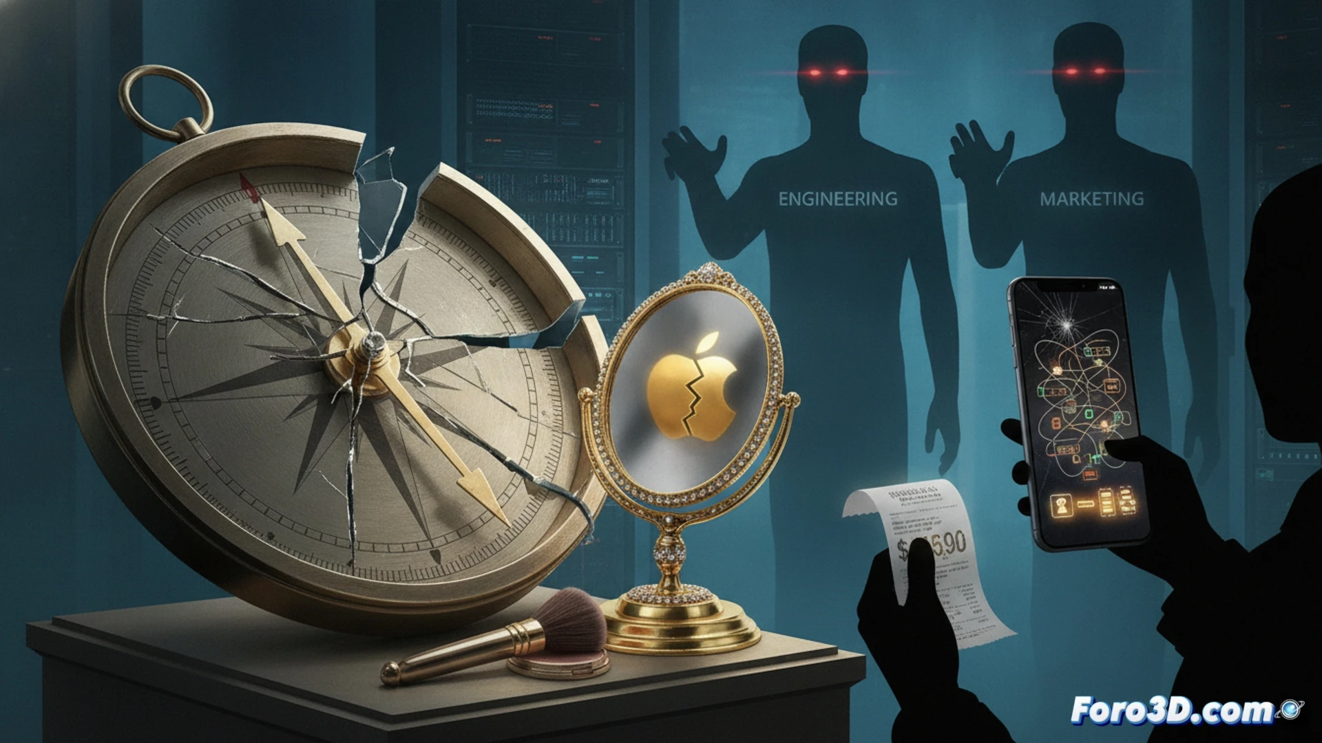 Two contrasting scenes: left side, a clean white Apple-style boardroom with a designer pointing at a strategic product roadmap on a screen, engineers and executives listening; right side, a chaotic workshop where a designer applies glossy paint to a smartphone with a visible glued battery and confusing interface, while engineers ignore them to cut costs. Cinematic photorealistic technical illustration, dramatic chiaroscuro lighting, split composition, ultra-detailed mechanical components, glossy materials, frustrated expressions, industrial shadows, high-contrast color grading, hyperrealistic textures.
