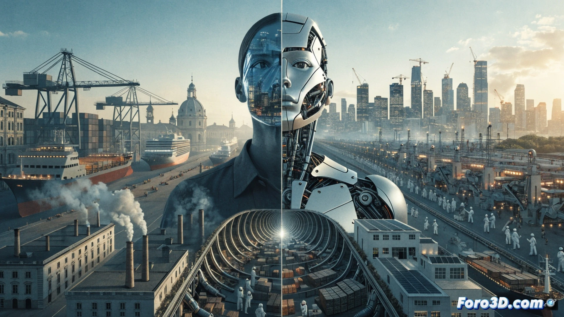 European factory assembly line showing empty workstations while Asian production facility operates in background through transparent overlay, managers in suits pointing at closed factory gates while holding offshore supply chain documents, robotic arms idle under dust covers, cargo ships visible through boardroom window, contrast between abandoned local machinery and active foreign production lines, cinematic engineering visualization, photorealistic industrial lighting, cold blue and warm amber tones, dual-perspective composition showing corporate hypocrisy through spatial contradiction, ultra-detailed manufacturing equipment