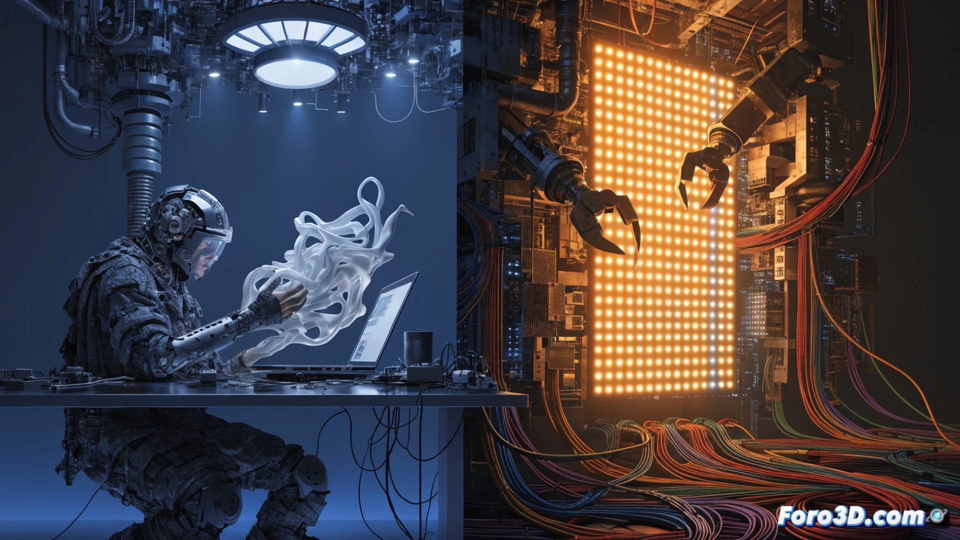 A lone artist in a dim studio watches a glowing neural network training on his own digital paintings, a small personal dataset visible on screen, while in the background a massive server farm for Meta and Google processes endless streams of stolen creator data, binary code and data packets flowing unevenly between both scenes, photorealistic engineering visualization, dramatic chiaroscuro lighting, metallic server racks reflecting blue light, artist's workstation with stylus and tablet, glowing AI processing nodes, dual-scale composition showing individual versus corporate AI training, ultra-detailed hardware components, cinematic contrast between intimate workspace and industrial data center