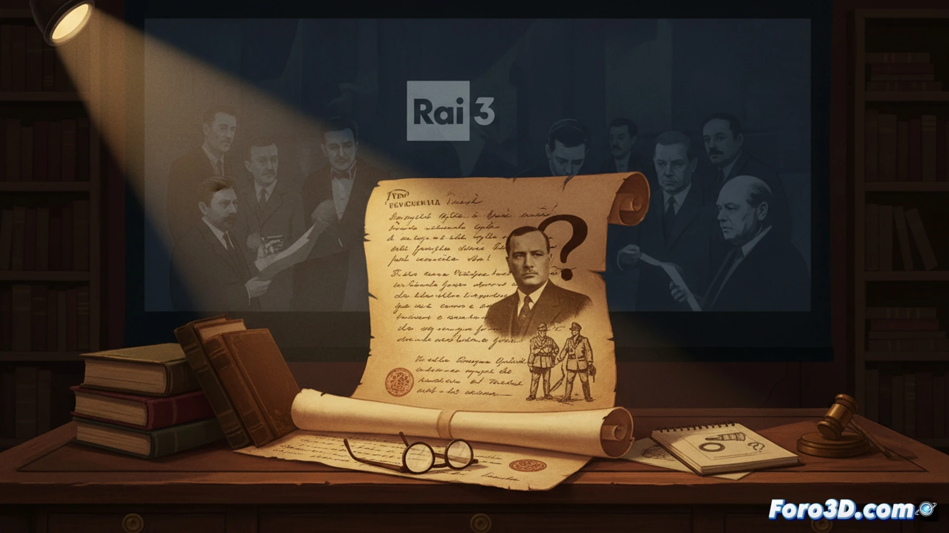 Documentary filmmaker holding a vintage magnifying glass over a large wooden desk covered with yellowed, desclassified documents and a teletype machine, a shadowy figure of Winston Churchill visible in a blurred background photograph, dust particles floating in a single beam of cinematic light, vintage microphones and a reel-to-reel tape recorder on the side, photorealistic technical illustration, dramatic chiaroscuro lighting, deep shadows contrasting with illuminated paper textures, high-contrast film grain aesthetic, action of searching for hidden clues among archival materials