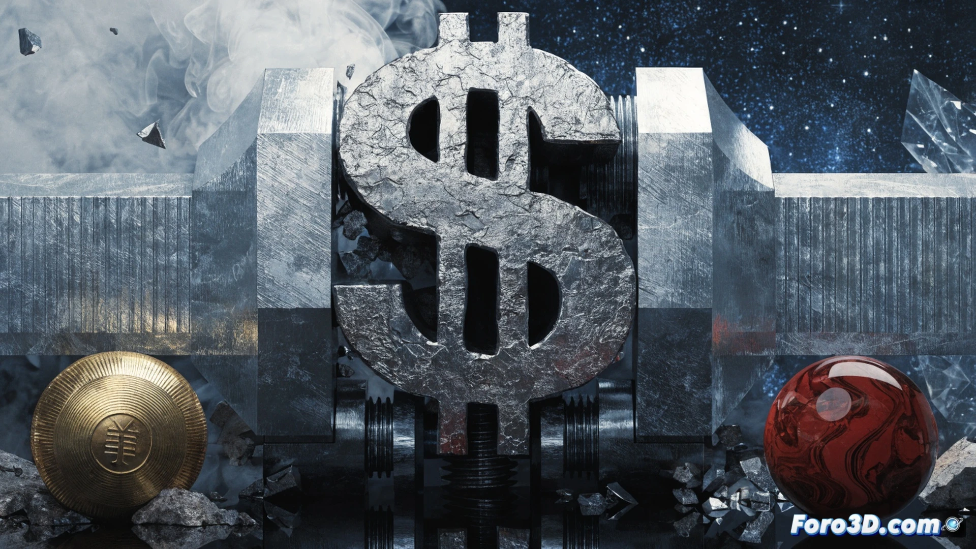 photorealistic scene of a giant metallic dollar coin pressing down on a cracked globe, currency exchange rate screens flickering red in the background, a Japanese yen banknote crumpled under the coin edge, oil barrel tilted and spilling near a broken loan contract document, cinematic technical illustration, dramatic shadow from harsh overhead light, glossy metal reflections, distressed paper textures, ultra-detailed macro shot of financial pressure, dark moody atmosphere