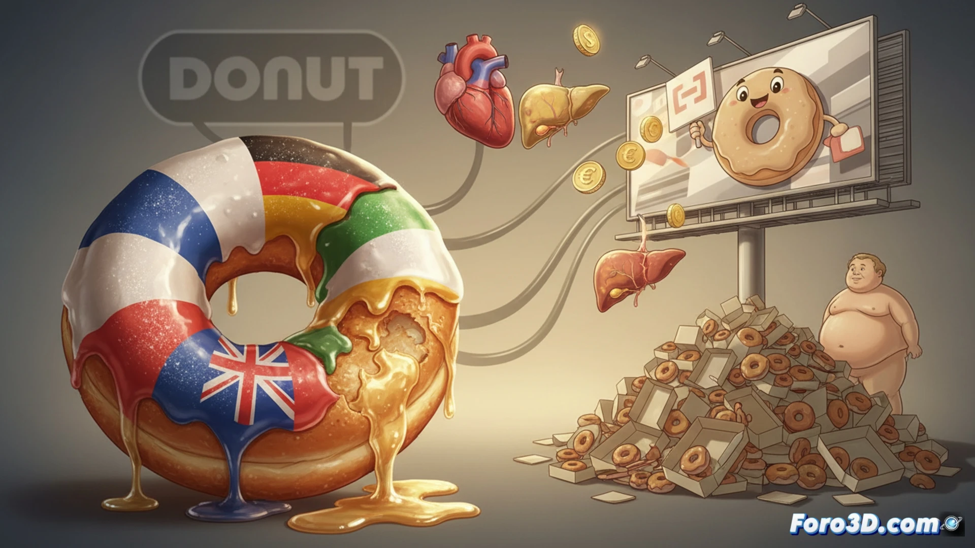 donut being dissected under laboratory conditions, cross-section revealing greasy dough with visible oil droplets, sugar crystals scattered on surface, a syringe extracting liquid sugar from the center, surrounded by medical pills and prescription bottles, a glowing calorie counter display showing 300 kcal, technical illustration style, clinical white lighting, metallic dissection tools, ultra-detailed texture of fried dough and trans fat crystals, photorealistic scientific visualization, dramatic shadow contrast