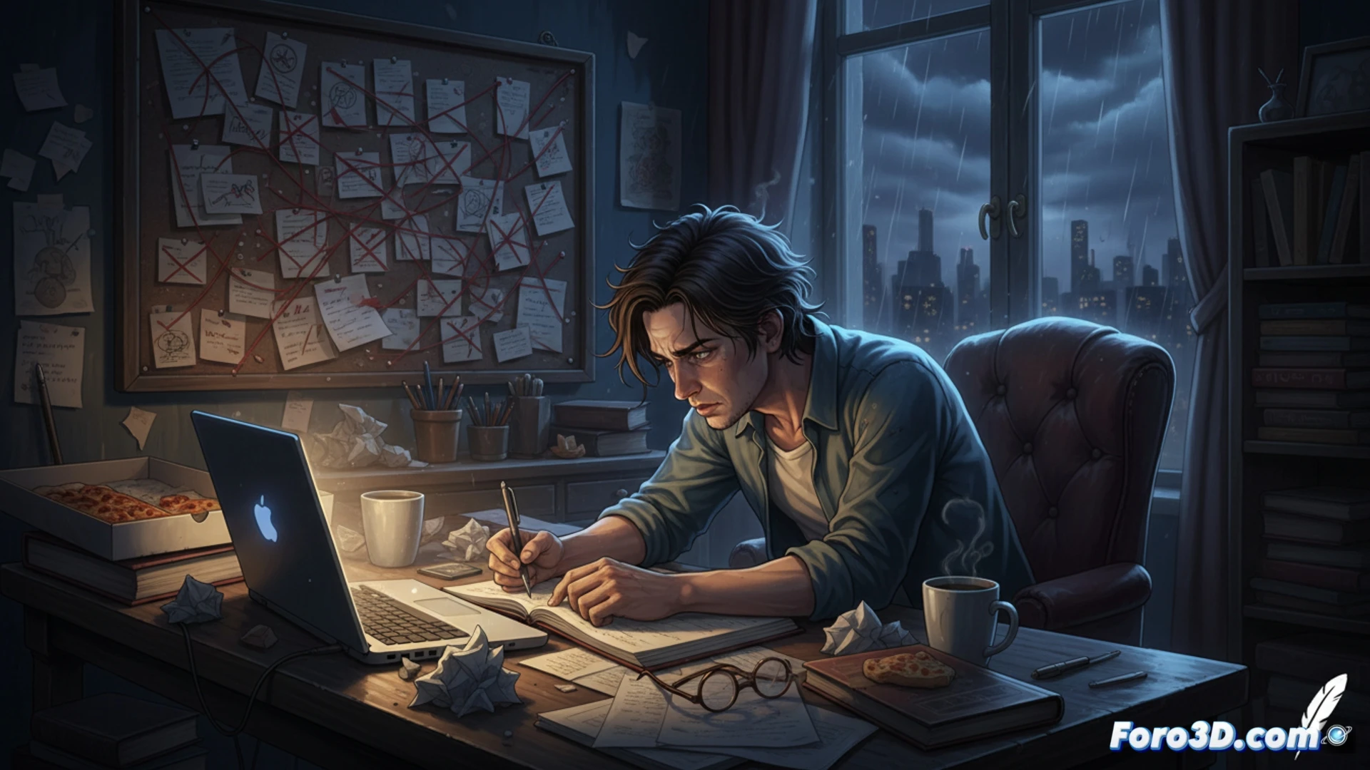 close-up of a writer’s hands holding a fountain pen over a paper script covered in crossed-out lines and marginal notes, a desk lamp casting harsh shadows on a laptop screen showing a partially deleted screenplay page, crumpled paper balls scattered on the floor, the writer’s reflection blurred in the dark monitor, cinematic photorealistic style, dramatic low-key lighting, mood of creative frustration and unfinished process, visible ink smudges and eraser marks on the paper, ultra-detailed textures of paper fibers and metal pen tip, melancholic atmosphere with deep blue and amber tones