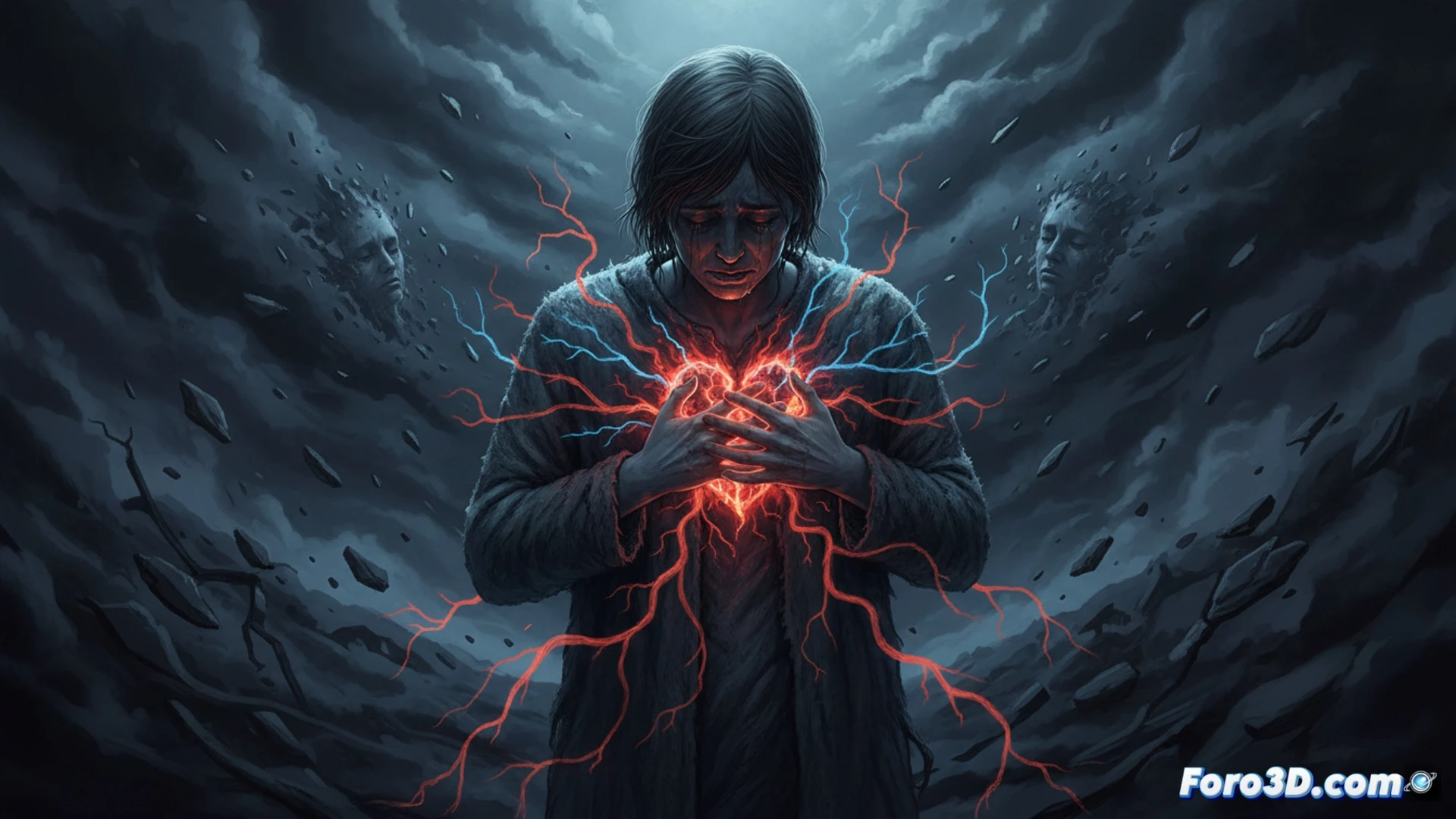Photorealistic medical illustration showing a grieving silhouette figure clutching chest in dark room, anatomical heart glowing with stress-induced damage, cortisol molecules attacking heart tissue, ECG monitor showing arrhythmia spike, blood pressure gauge rising rapidly, broken clock symbolizing critical first weeks, cinematic lighting with dramatic shadows, ultra-detailed cardiovascular system visible through translucent skin, medical visualization style, red and blue warning tones, artery blockage forming during emotional distress