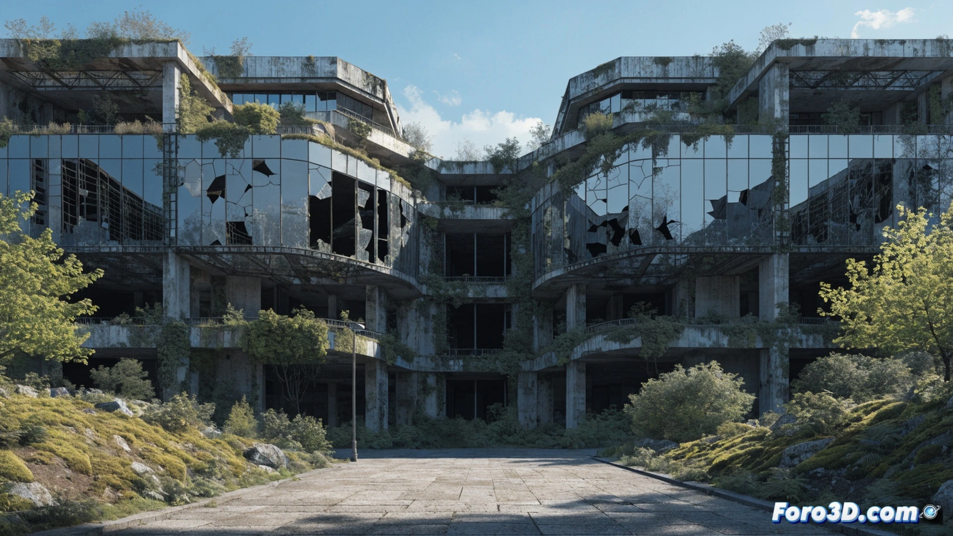 abandoned luxury sports complex in Panticosa, concrete skeleton exposed to mountain weather, rusted rebar protruding from cracked beams, broken glass scattered on debris floor, overgrown weeds climbing through empty window frames, a lone construction safety helmet abandoned on a pile of bricks, snow-capped Pyrenees peaks visible through gaps in the structure, cinematic photorealistic architectural ruin, dramatic overcast sky, cold blue lighting, detailed concrete texture with weathering, moss stains spreading across walls, silent decay atmosphere, ultra-detailed structural damage, technical visualization of urban abandonment