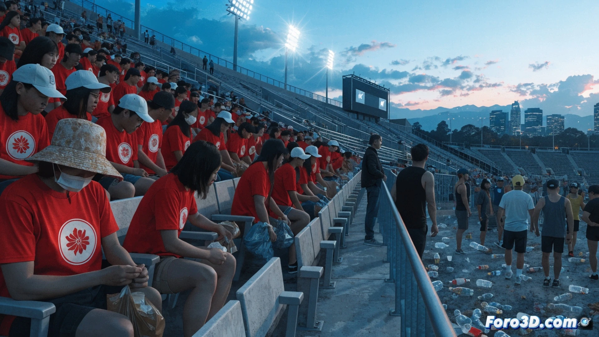 Japanese fans in a Texas stadium during post-match cleanup, hands holding transparent plastic bags while bending to pick up discarded cups and wrappers from empty bleacher seats, sunlight streaming through overhead roof beams casting long shadows, stadium architecture with metallic railings and concrete steps visible, contrasting with the meticulous cleaning action, cinematic photorealistic style, warm golden hour lighting, crowd in background blurred with blue and red clothing, focused on the process of individual responsibility and collective order, no text or numbers, ultra-detailed textures of plastic bags and stadium surfaces, dramatic contrast between messy floor and organized cleanup, technical illustration of civic behavior in public space