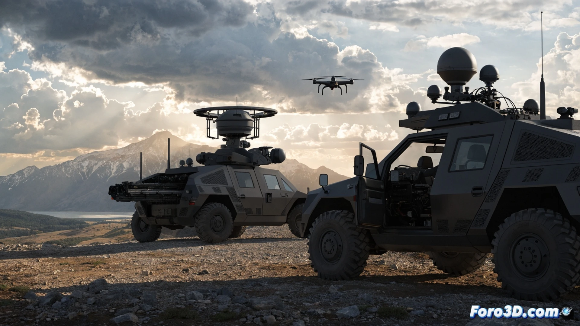 Dos vehículos militares todoterreno en terreno desértico, uno con antena parabólica desplegada emitiendo ondas de interferencia visibles como arcos eléctricos anaranjados hacia un dron cuadricóptero en vuelo, mientras el segundo vehículo apunta un cañón láser hacia el mismo objetivo, polvo levantado por ruedas todoterreno, cielo nublado dramático, estilo cinematográfico fotorrealista, iluminación de atardecer, detalles metálicos de sensores electrónicos y sistemas de armas, acción de neutralización en progreso.