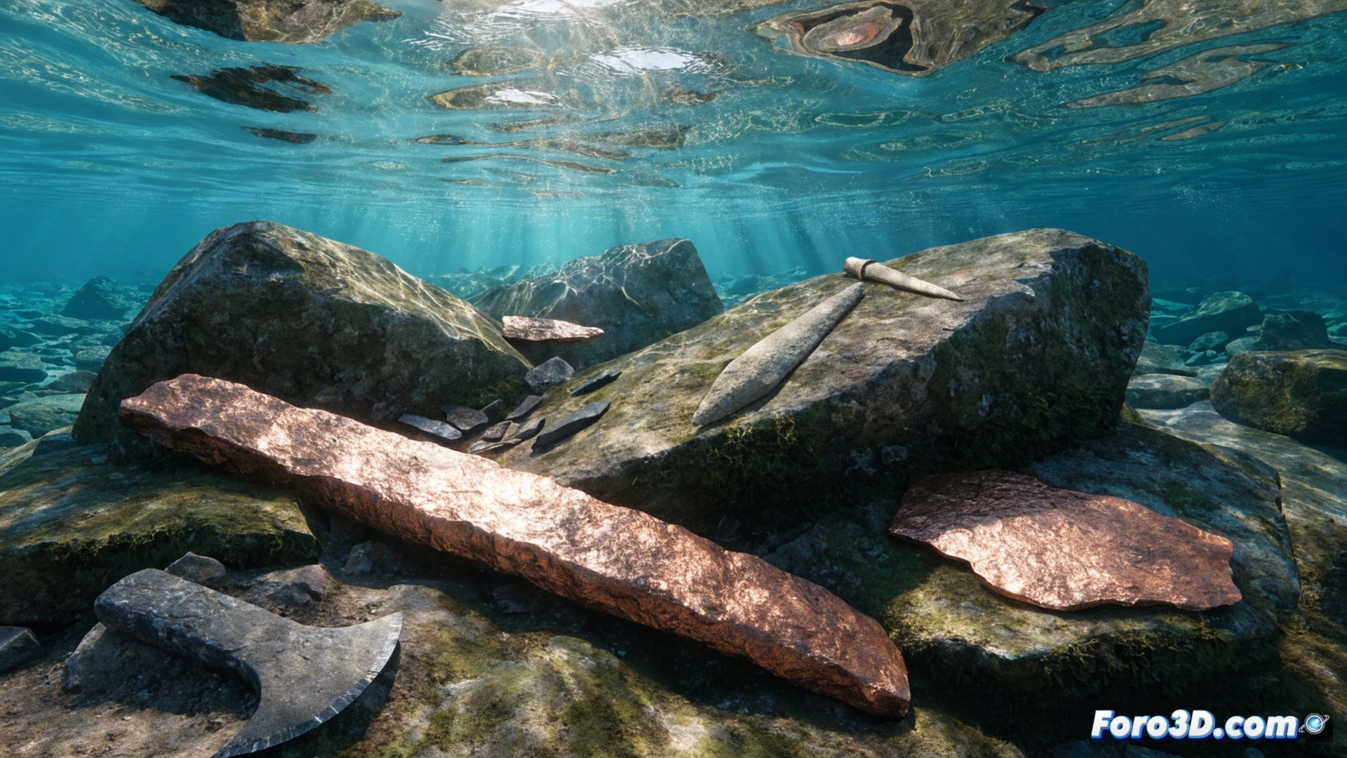 Prehistoric copper mining scene along Lake Superior shoreline, ancient hands using stone hammers to extract pure native copper from exposed bedrock seams, raw metal nuggets and unfinished tools scattered on rocky ground, no structures or settlement visible in background, dense pine forest and misty lake horizon, cinematic archaeological visualization, dramatic overcast lighting, photorealistic technical illustration, weathered stone tools beside a freshly struck copper ingot, deep earthy tones, high detail on mineral textures and tool wear, action of extraction during a quiet prehistoric moment