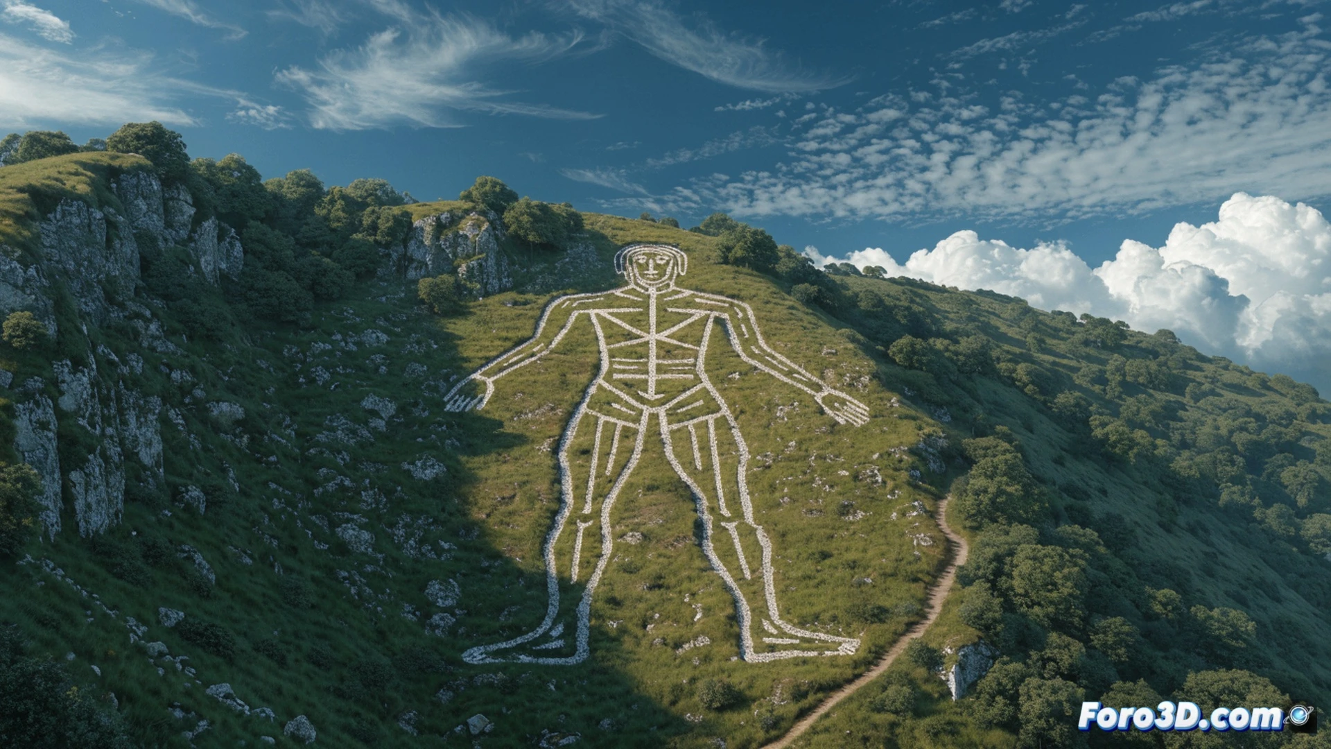 anthropomorphic chalk figure carved into green hillside, 70-meter tall Long Man of Wilmington holding two long staves, archaeological survey team analyzing ground-penetrating radar equipment at the base, drone hovering above capturing thermal imaging data, sunlight casting long shadows across the geoglyph during golden hour, chalk lines glowing white against grass, soil erosion patterns visible along the outline, cinematic photorealistic landscape visualization, dramatic atmospheric lighting with low clouds, ultra-detailed grass texture and chalk sediment, historical mystery atmosphere, technical illustration style for archaeological documentation