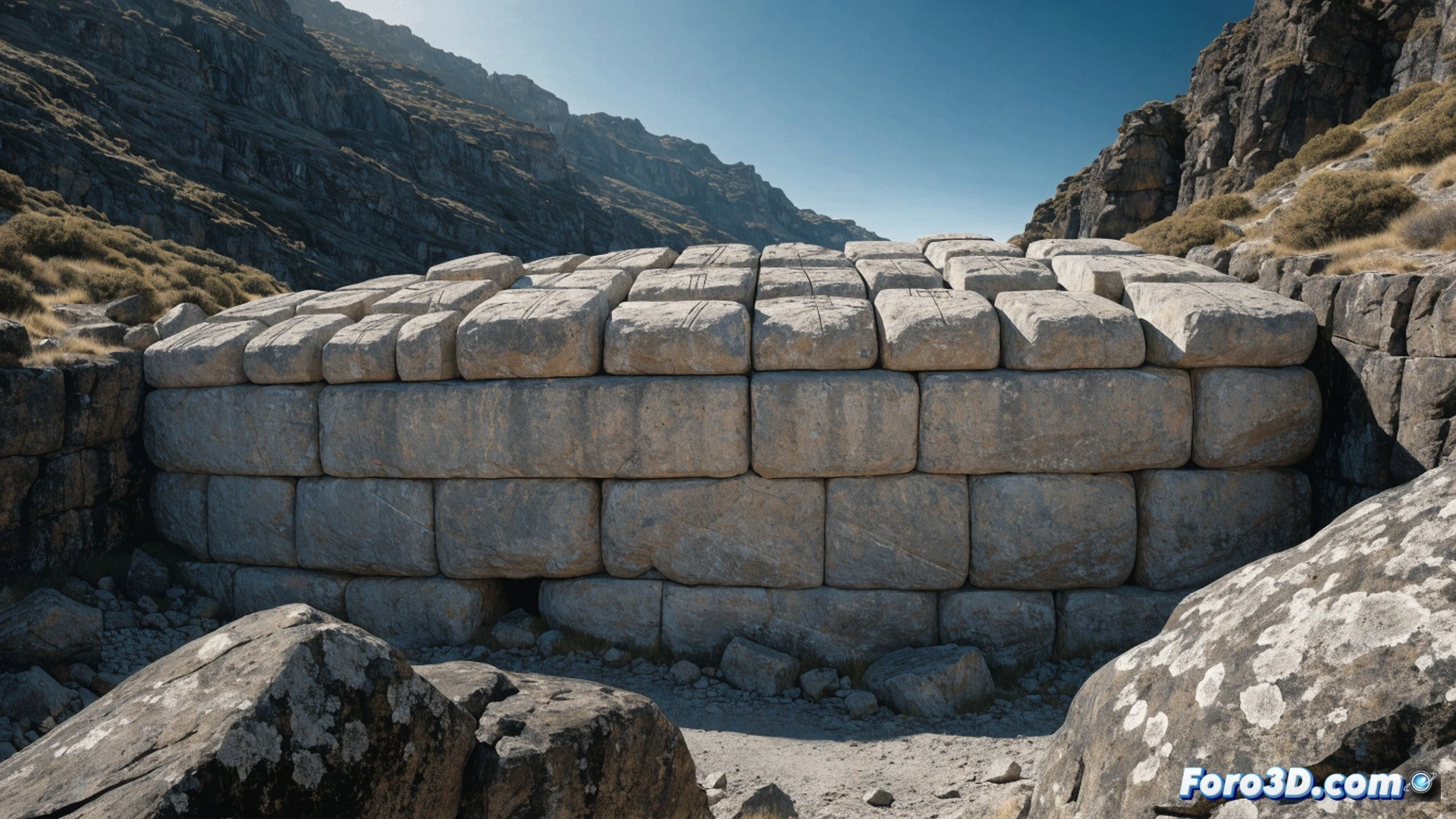 ancient stone platform at 4000 meters altitude in Chilean Andes, massive interlocking basalt blocks with laser-cut precision joints, no mortar visible, perfectly flat horizontal surface extending hundreds of meters, a lone geologist in orange field jacket kneeling to examine a seam with a magnifying glass and handheld GPS device, cracked ice patches between stones, harsh midday sun casting sharp shadows across the geometric pattern, extreme high-altitude clear blue sky, barren rocky peaks in background, photorealistic archaeological visualization, dramatic cinematic lighting, ultra-detailed stone texture with lichen growth, dust particles suspended in thin cold air, wide-angle lens perspective emphasizing scale
