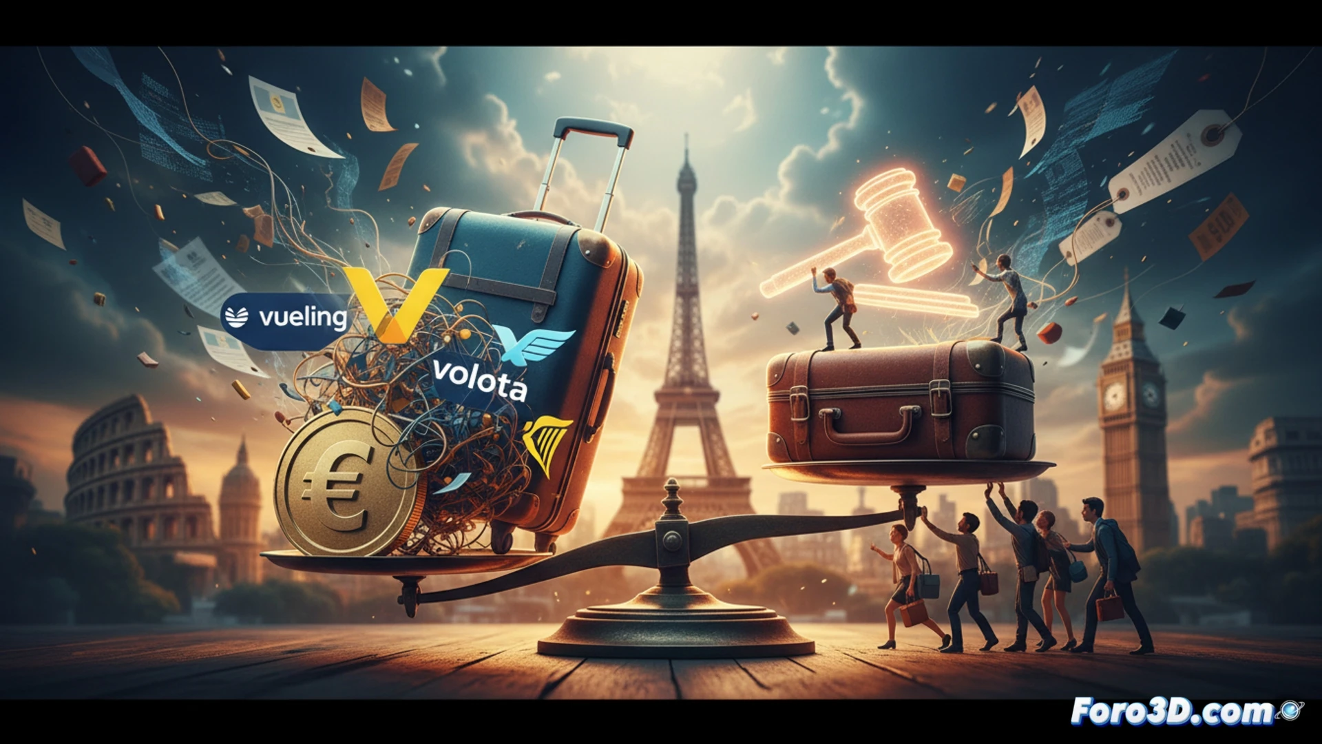 European airline boarding gate scene, passenger holding a small carry-on suitcase while a digital payment terminal shows an extra fee being charged, hand luggage being measured inside a metal sizer cage, airline crew observing with tablet showing EU legal documents, dramatic courtroom gavel icon hovering above the scene, photorealistic engineering visualization, airport terminal lighting, metallic and glass surfaces, tense consumer vs corporation action, ultra-detailed luggage and terminal hardware, cinematic depth of field