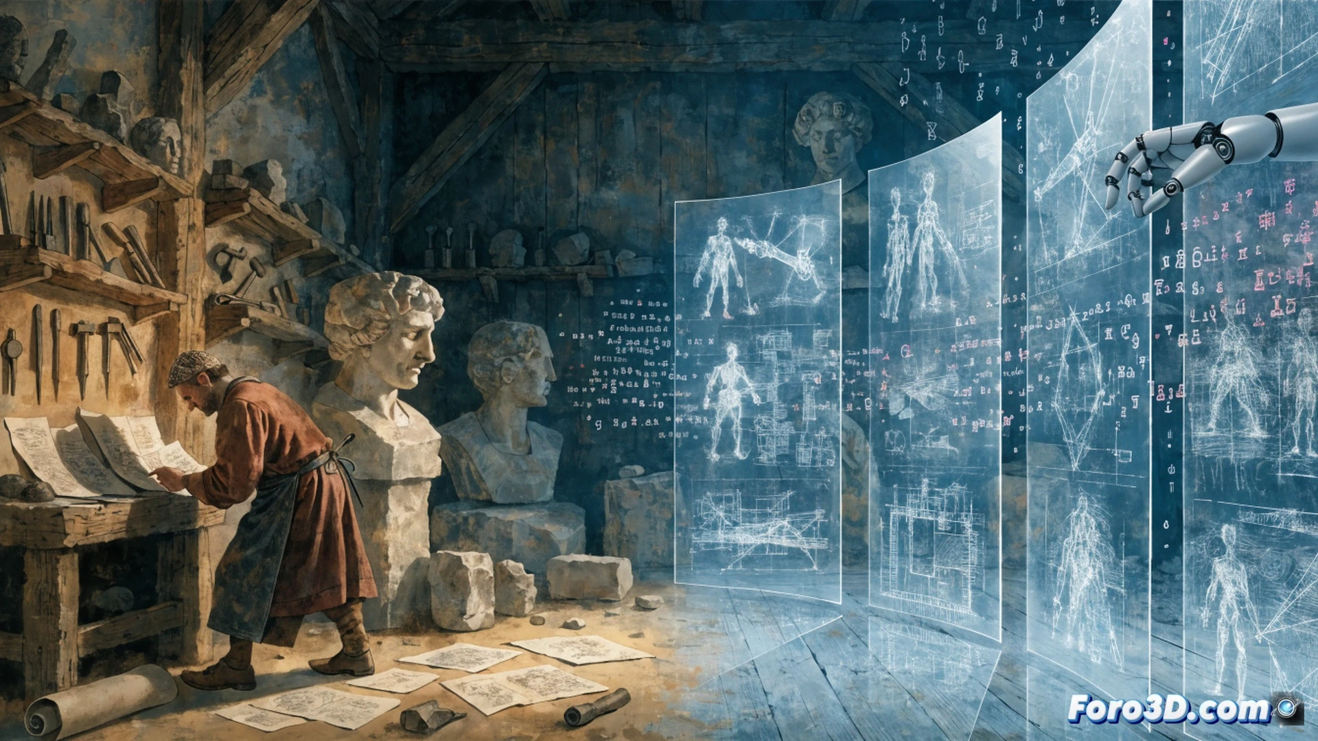 A 16th-century sculptor’s hands sorting Leonardo da Vinci’s original notebooks, separating technical sketches from artistic drawings, pages floating and dispersing across a dark stone workshop table. A modern holographic screen hovers above, displaying the Leonardotheka 2.0 digital interface, glowing blue data streams reconnecting scattered pages into a unified virtual library. Photorealistic engineering visualization, dramatic chiaroscuro lighting, dust particles suspended in beams of light, ancient parchment textures contrasted with sleek digital UI elements, ultra-detailed mechanical tools beside a floating 3D model of a flying machine, cinematic composition with motion blur on drifting paper sheets.