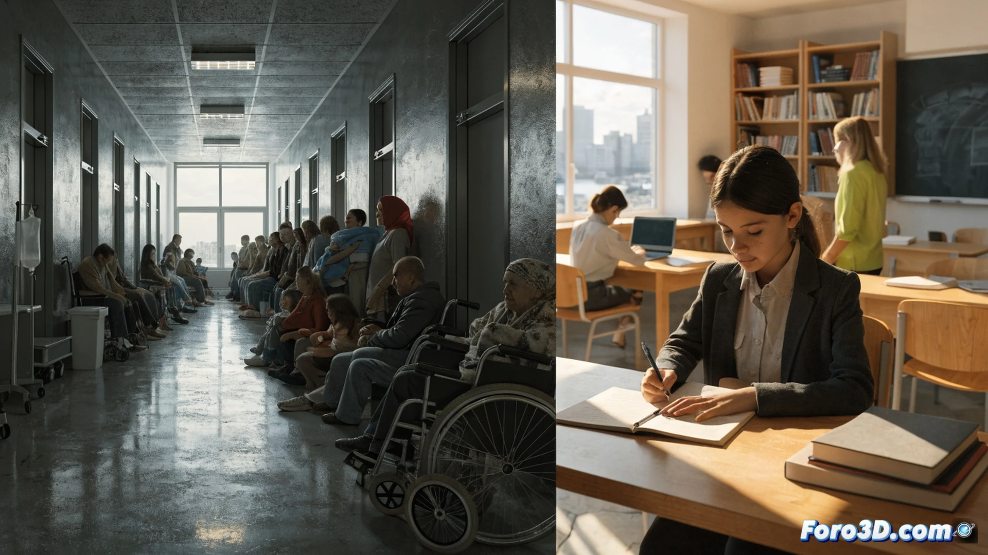 Photorealistic cinematic scene of a crumbling public hospital corridor, cracked floor tiles and peeling paint, a stressed nurse checking a tablet while holding an empty syringe, a long queue of patients in worn clothing visible through a glass partition, a broken ventilator machine in the foreground with warning lights flashing, dust particles floating in dim fluorescent light, technical medical equipment showing disrepair, dramatic shadows highlighting decay, ultra-detailed textures of rusted metal and stained walls, wide-angle lens emphasizing depth and overcrowding