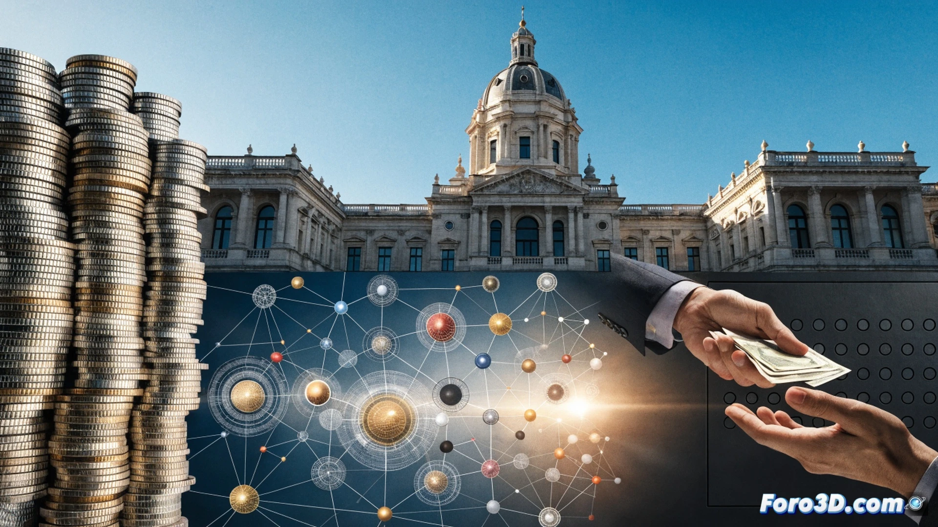Technical illustration showing a government building with a financial pipeline labeled as loans flowing toward a Seguridad Social icon, while interest arrows loop back increasing a deuda graph, a hand cutting the loan pipe with scissors labeled transferencia directa, photorealistic engineering visualization, dramatic lighting, metallic and glass textures, clean geometric composition, ultra-detailed financial infrastructure components, cinematic depth of field