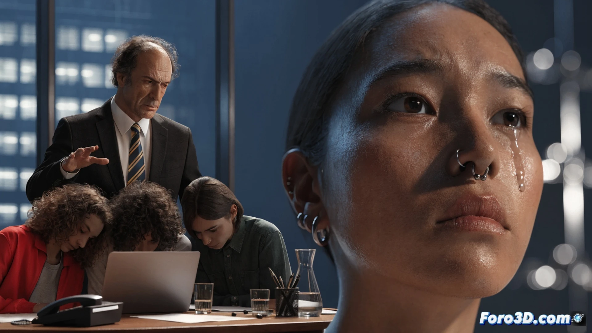 cinematic photorealistic scene of a young office worker sitting alone at a modern desk, head in hands, stressed expression visible, surrounded by scattered papers and a laptop with a glowing mental health app interface on screen, while a shadowy figure of a manager stands behind a glass partition pointing dismissively, workplace environment with muted gray tones, harsh fluorescent lighting casting long shadows, technical illustration style showing silent judgment and isolation, detailed textures on office furniture and digital devices, realistic human emotions captured in body language