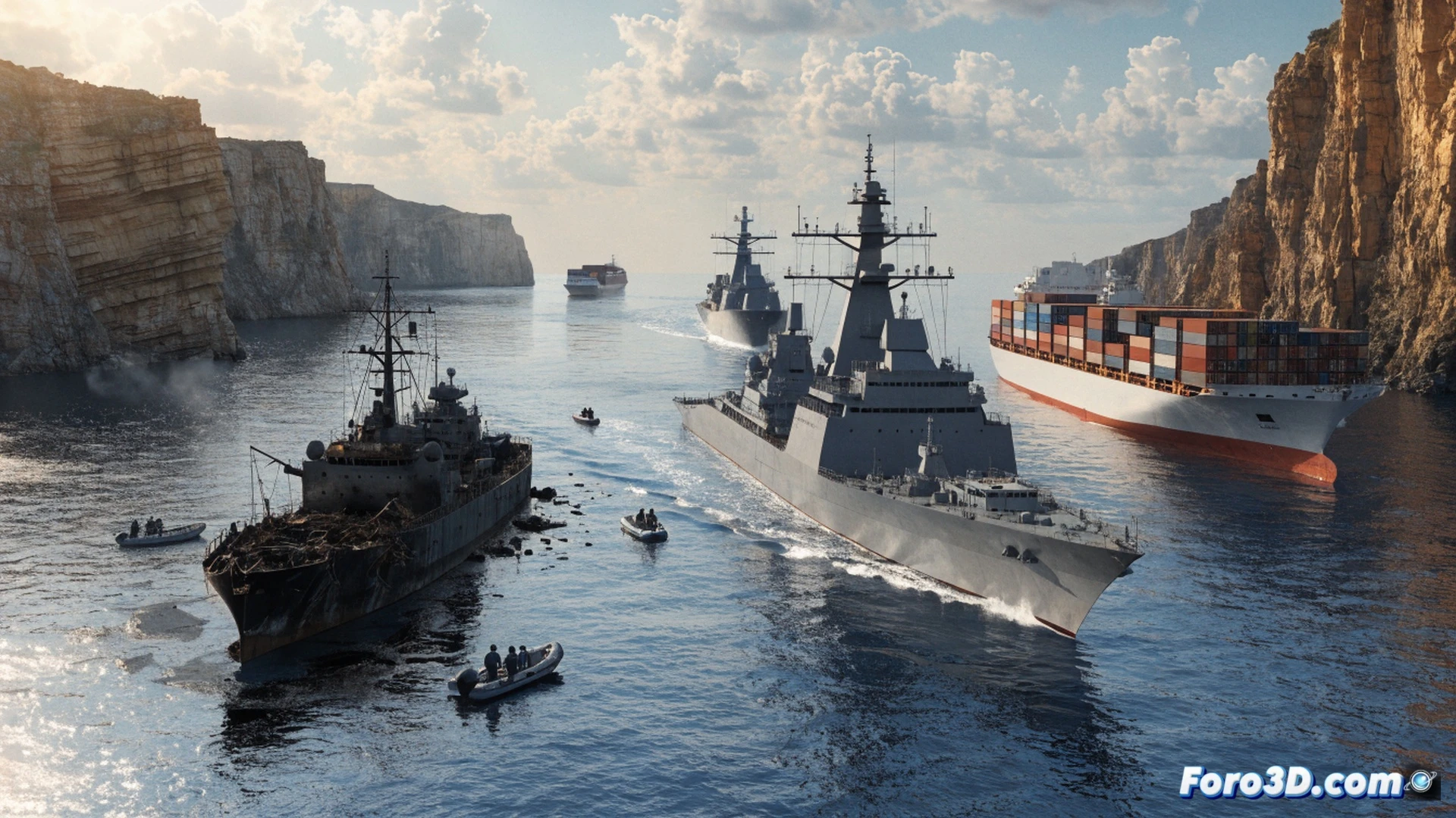 cargo ship navigating through Strait of Hormuz at dawn, oil tanker visible in background, radar screen showing green blips and clear shipping lanes, no obstacles detected, calm sea with gentle waves, container cranes at distant port, fuel gauge needle steady on full, photorealistic technical illustration, cinematic lighting with golden sunrise, detailed maritime instruments on bridge, navigation chart pinned to console, smooth sailing action, stable supply chain demonstrated, ultra-realistic ocean textures, professional engineering visualization